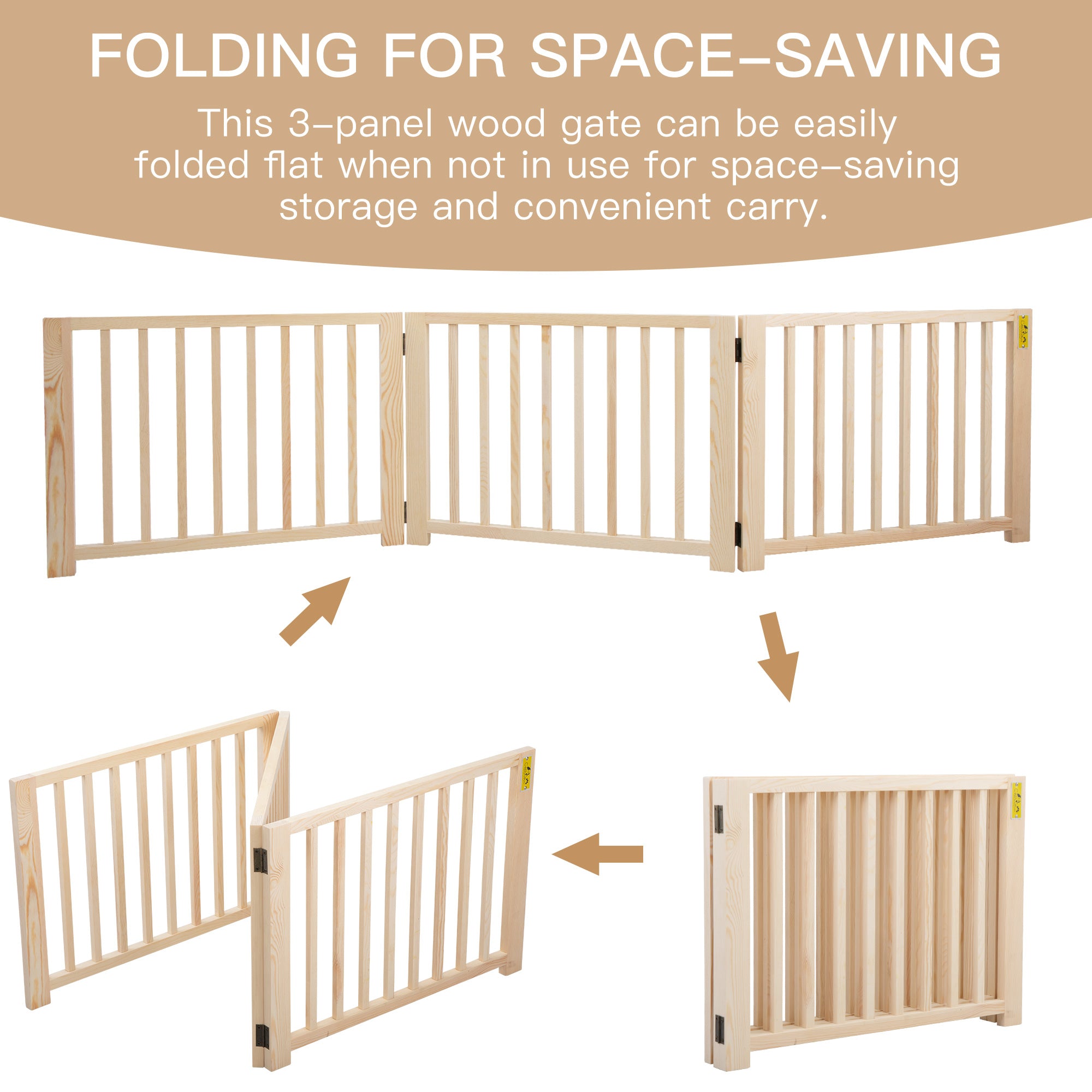 Coziwow 3 Panel Freestanding Dog Gate Wooden Foldable Pet Fence， 17.5