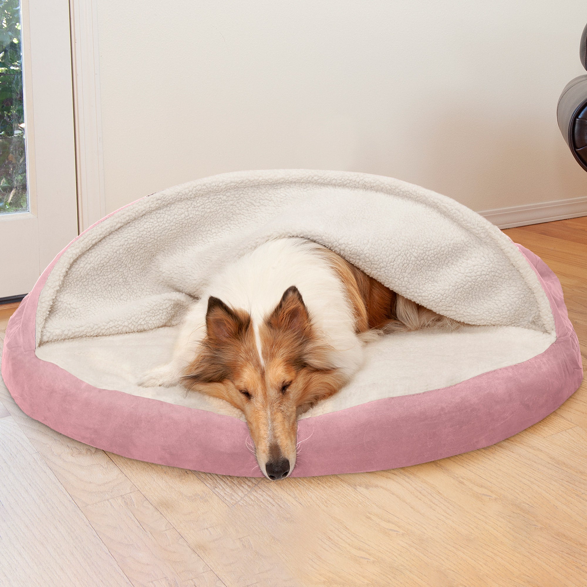 FurHaven Pet Products Orthopedic Faux Sheepskin Snuggery Burrow Pet Bed for Dogs and Cats， Pink， 44