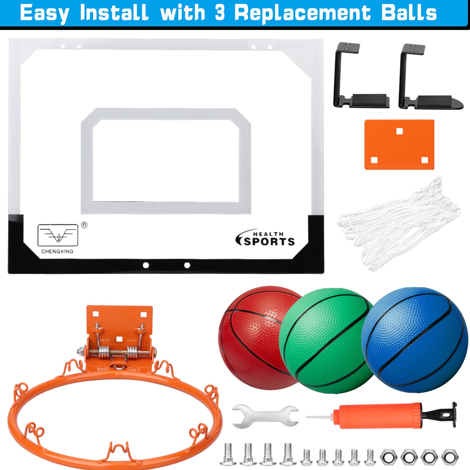 Anzmtosn Mini Basketball Hoop for Kids Adults， over the Door Basketball Hoop with 3 Replacement Balls， Indoor Pro Basketball Hoop