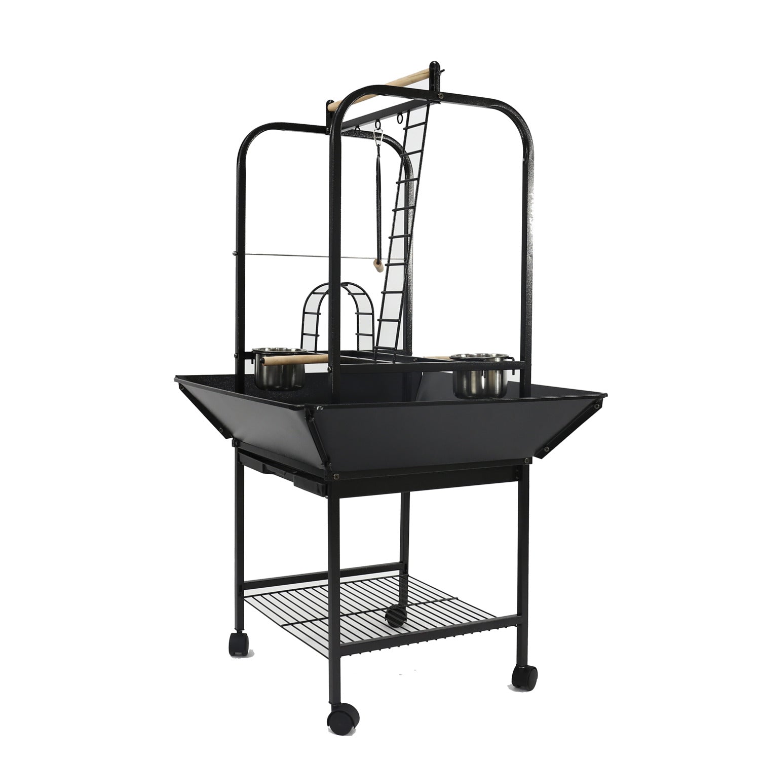 AandE Cage J2625 Black 26 x 25 x 48 in. Parrot Play Stand with Ladders and Toy Hooksand#44; Black