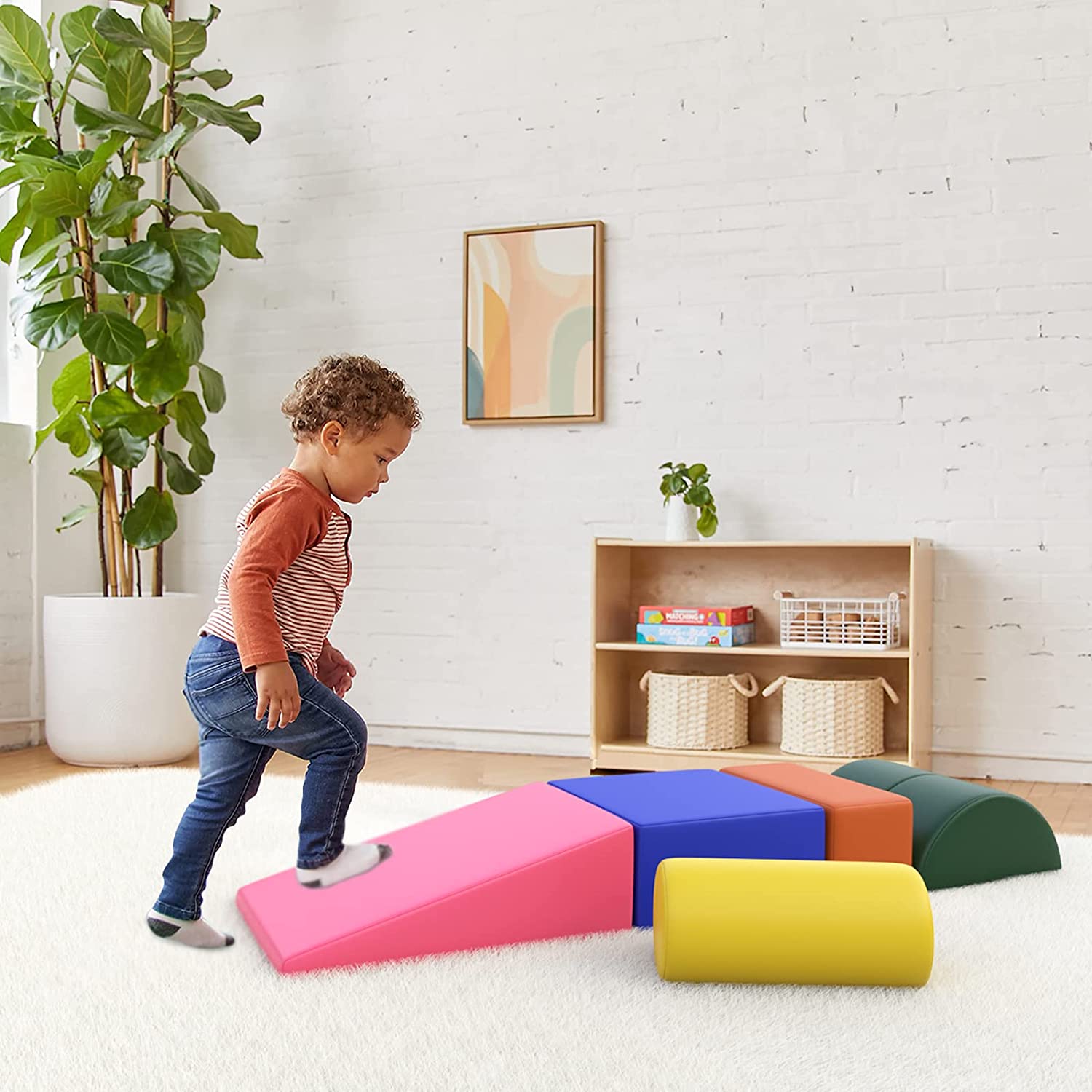 6-Piece Kids Soft Play Corner Climbers Foam Play Set Indoor Climbers for Toddler 1-3，Pink/Blue