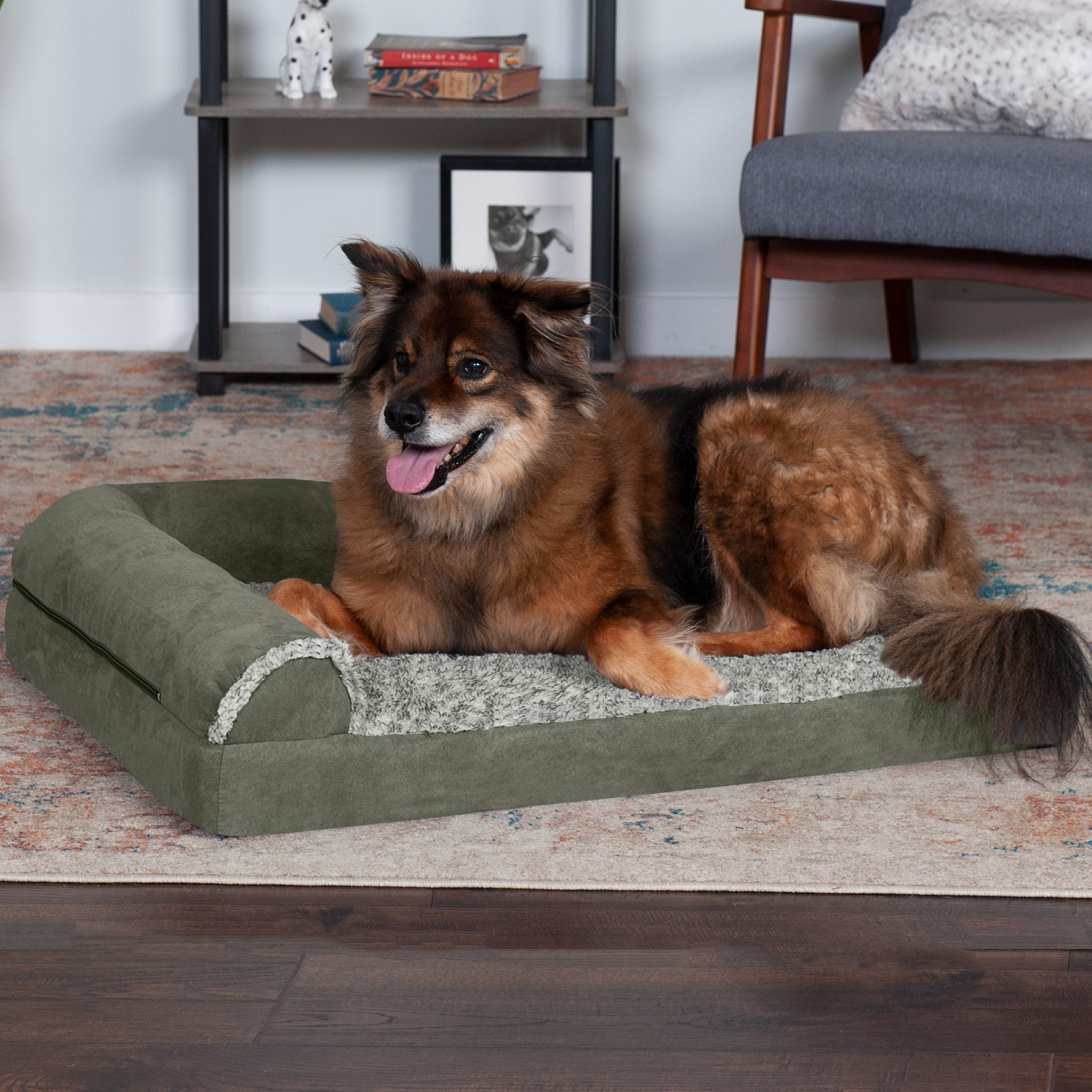 FurHaven Pet Products | Deluxe Memory Foam Chaise Faux Fur and Suede L-Shaped Lounge Sofa Pet Bed for Dogs and Cats - Dark Sage， Large