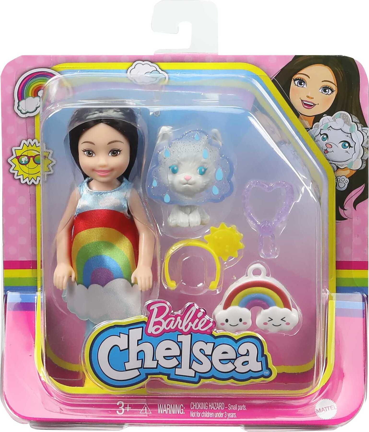 Barbie Chelsea Doll, Brunette Small Doll with Rainbow Costume, Pet Kitten, Charm & Accessories