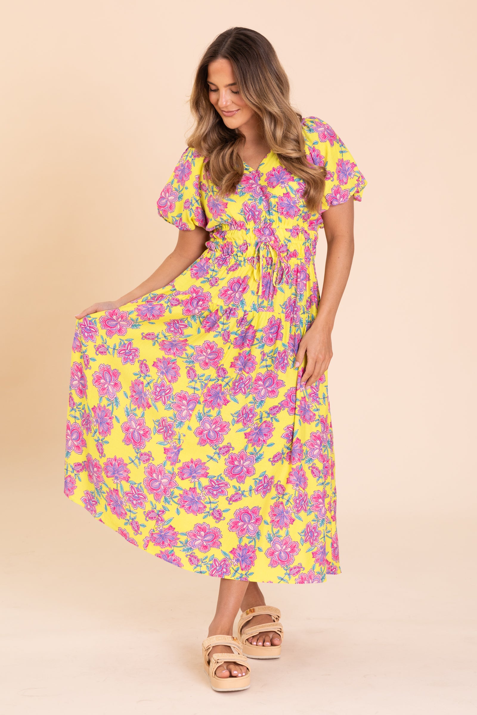 Yellow Printed Blossom Maxi Dress
