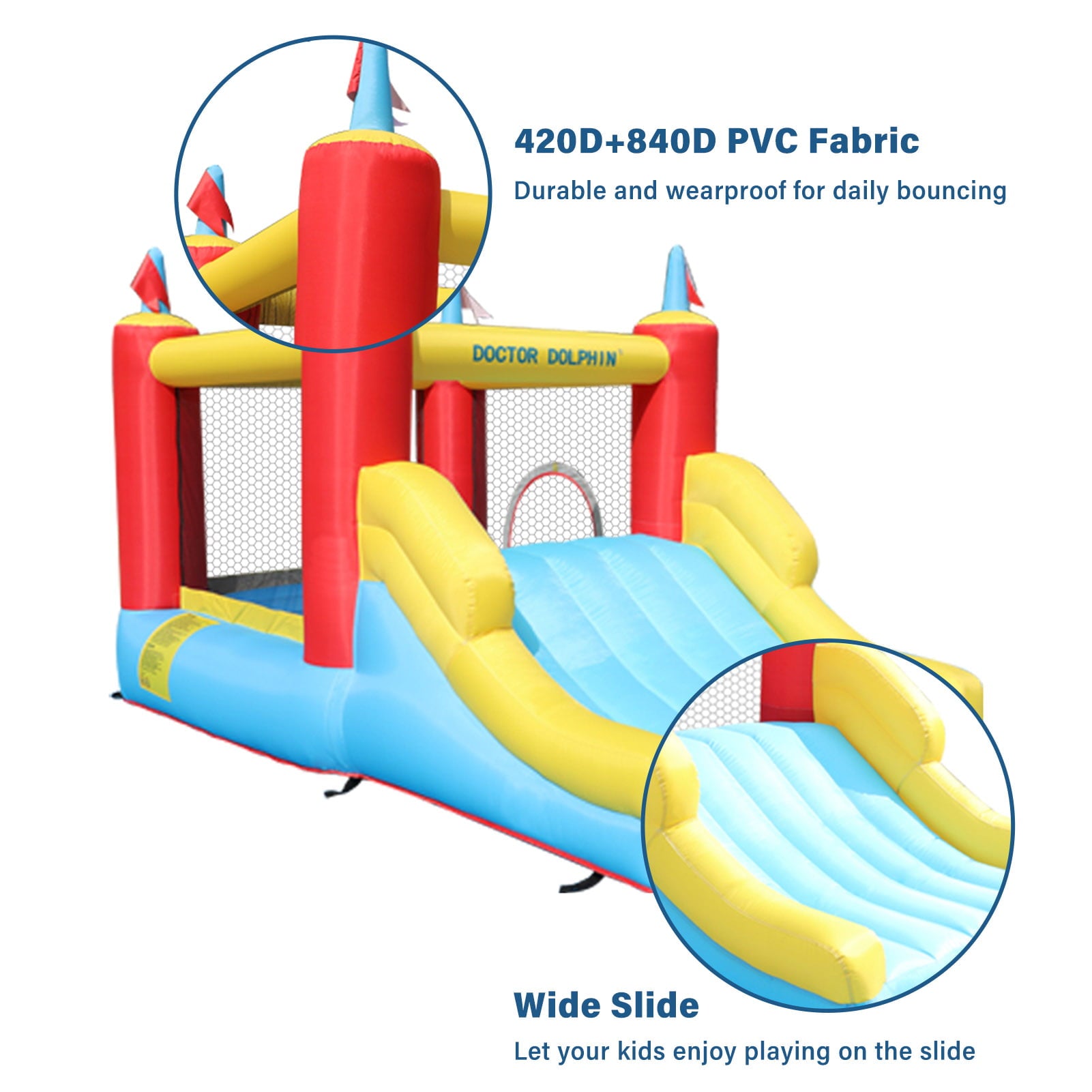 Doctor Dolphin Inflatable Bounce House with Wide Water Slide Kids Water Park with Blower for Backyard Party
