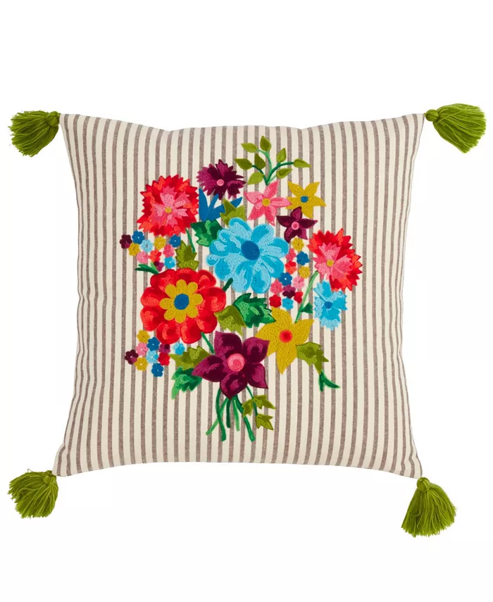 Saro Lifestyle Flower and Stripe Embroidered Decorative Pillow， 18