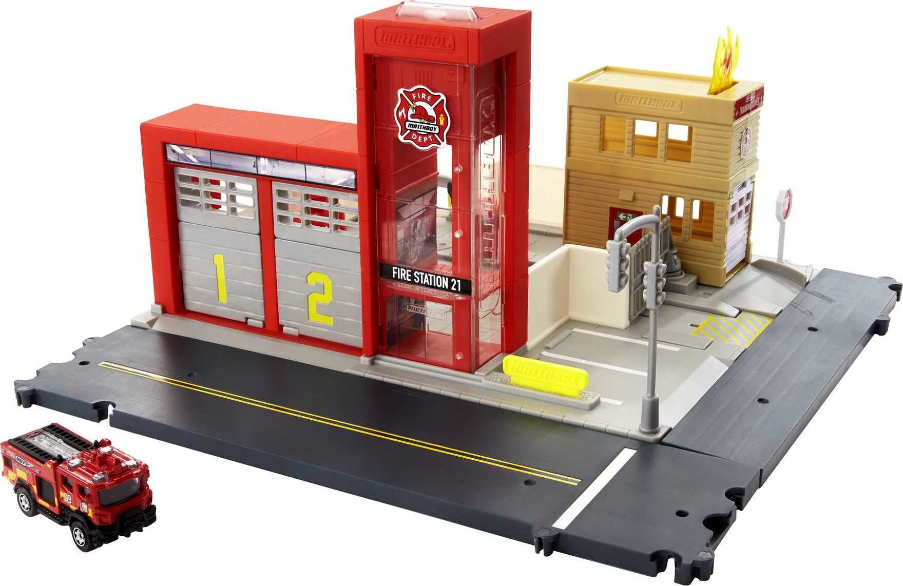Matchbox Action Drivers Fire Station Rescue Playset and 1:64 Scale Toy Firetruck with Lights and Sounds