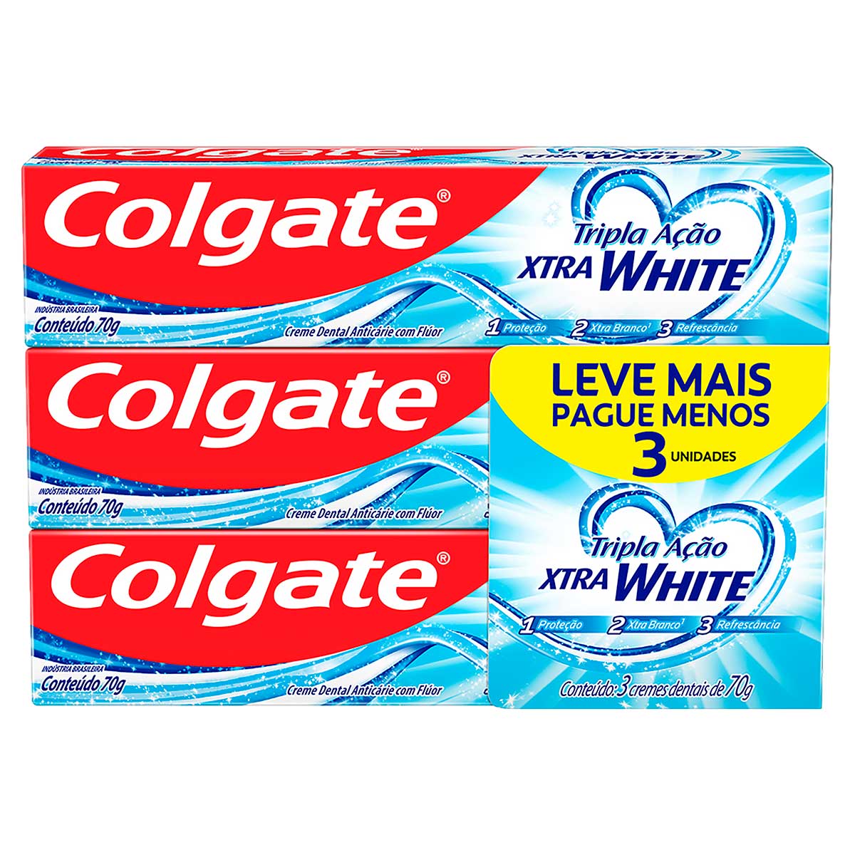 Kit Creme Dental Xtra White Colgate Tripla Acao Caixa 3 Unidades 70g Cada Leve Mais Pague Menos