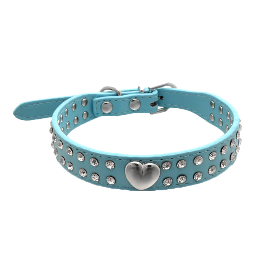 Pet Collar Rhinestones Crystal Heart PU Leather Pet Necklace Jewelry Holiday Gift，Blue，XXS