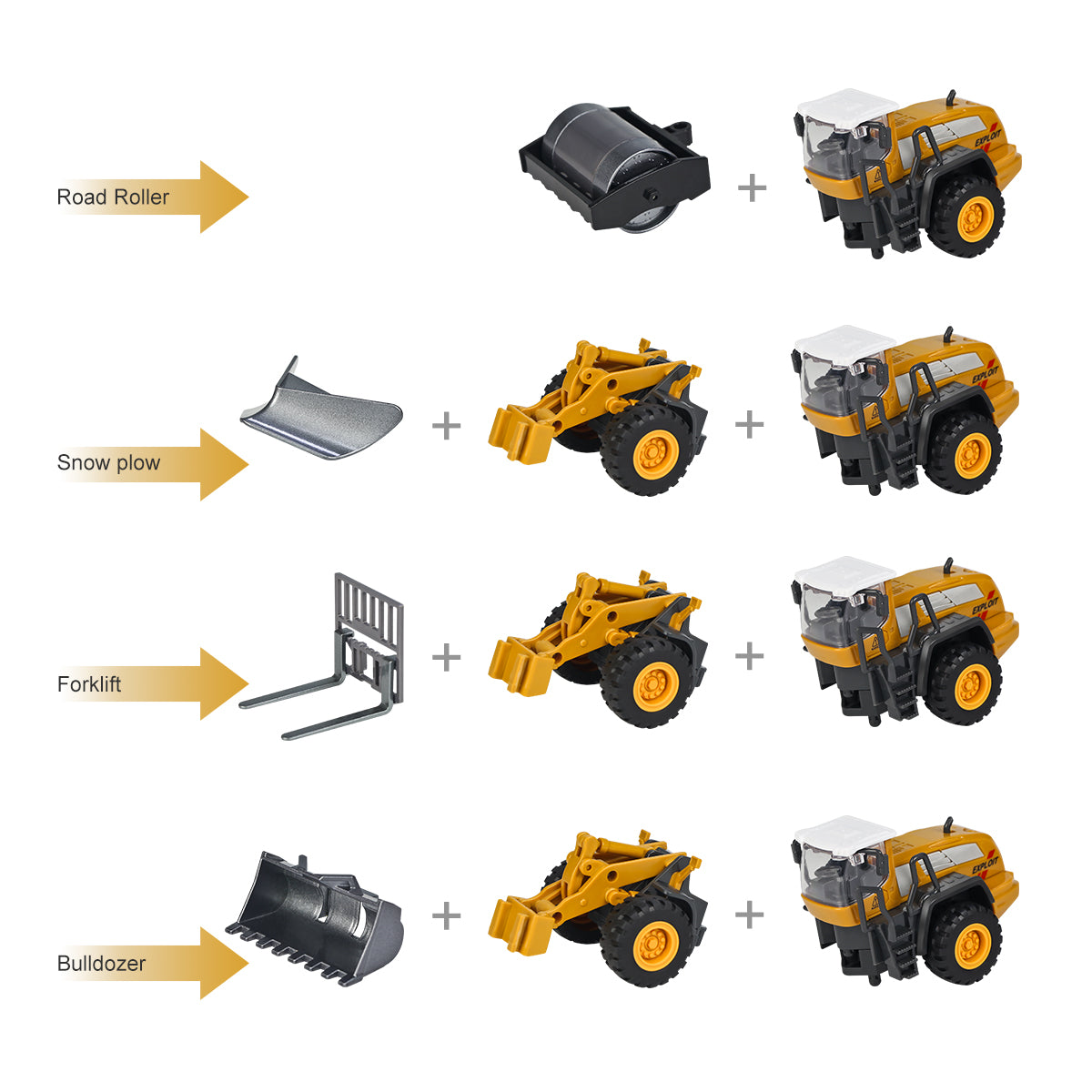 1:55 Construction Vehicle Toy Set Snow Plow Road Roller Forklift Bulldozer Toy for Kids， 4 Alloy Interchangeable Parts