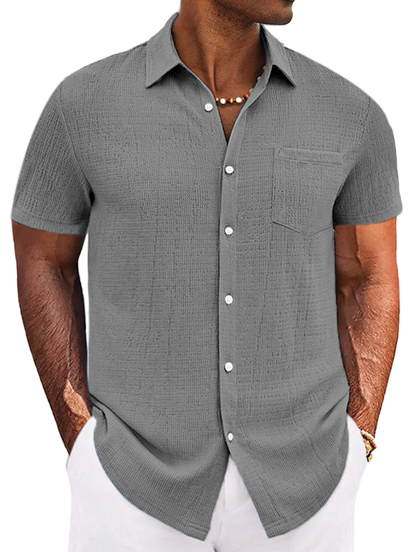 Men's Casual Simple Solid Color Texture Short-sleeved Button-down Shirt