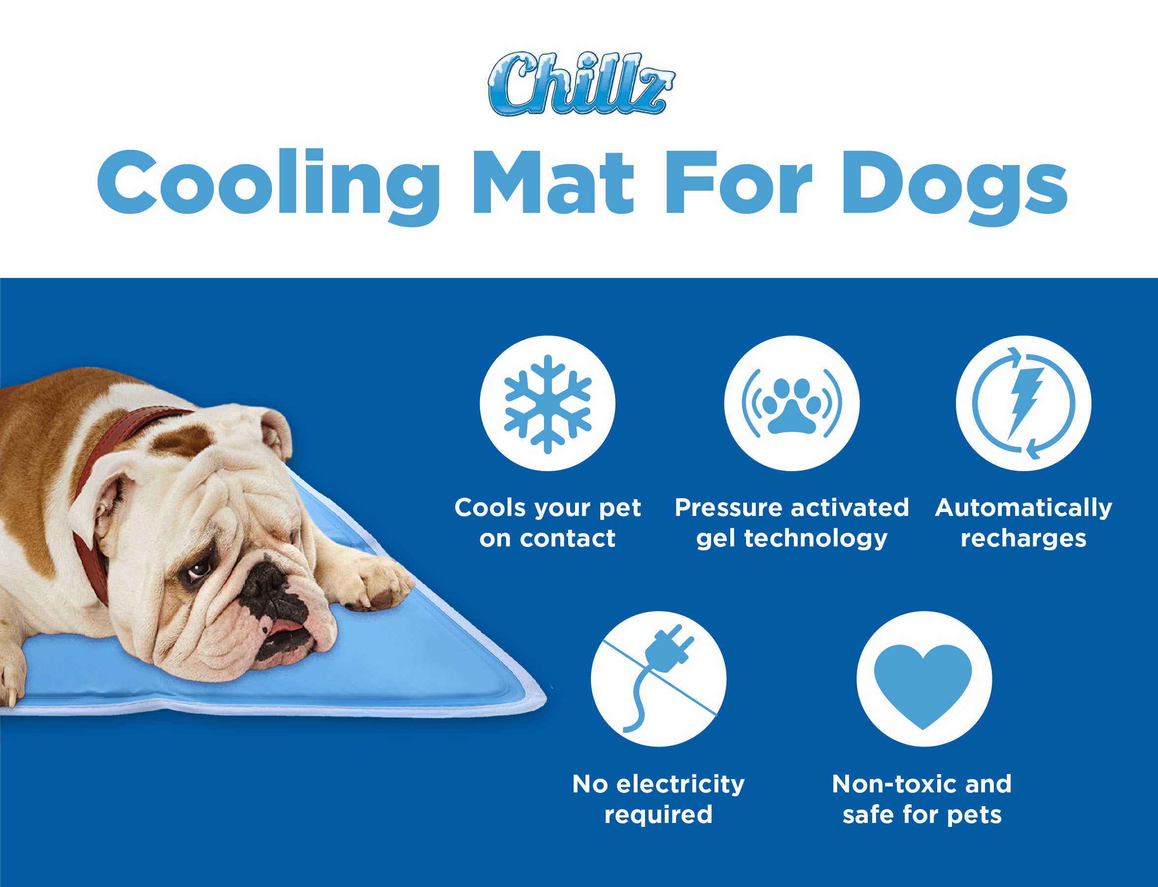 CHILLZ Pressure Activated Cooling Pad for Dogs， Large - Blue， 36 x 20 inches