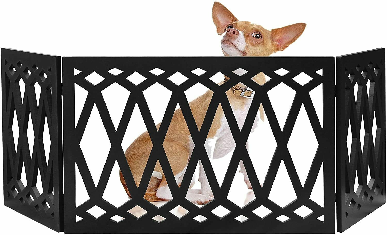 Freestanding Folding Gate | Expandable Wooden Fence for a Small to Medium Pet Dog | Limits Pup's Access to Stairs， Doorways， Hallways (Black， Diamond Print)