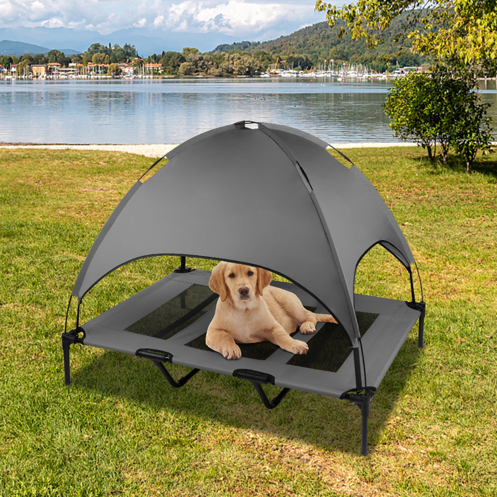 SMONTER Elevated Dog Bed with Canopy， Outdoor Pet Cot with Removable Canopy Shade， Portable Raised Dog Bed with Stable Frame and Breathable Mesh for Small， Medium， Large Dogs， Extra Large， Grey