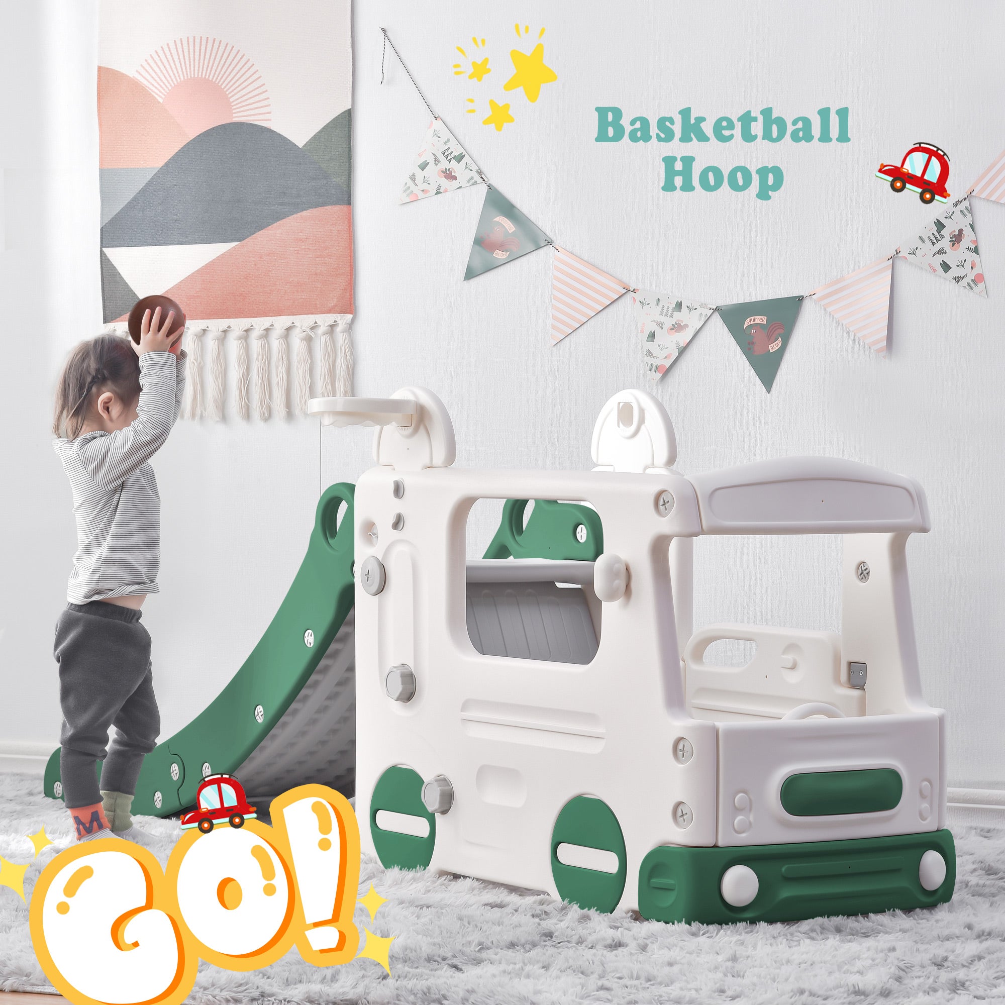 Track 7 Baby Slide 4-in-1，Indoor Toddler Slide with Basketball Hoop，Climber and Bus Playhouse，Outdoor Playground Kids Slide for Toddlers Age 1+，Green