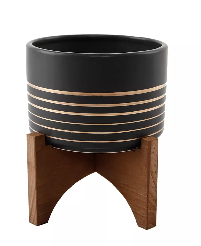 Flora Bunda Ceramic Planter on Wood Stand， 5.5