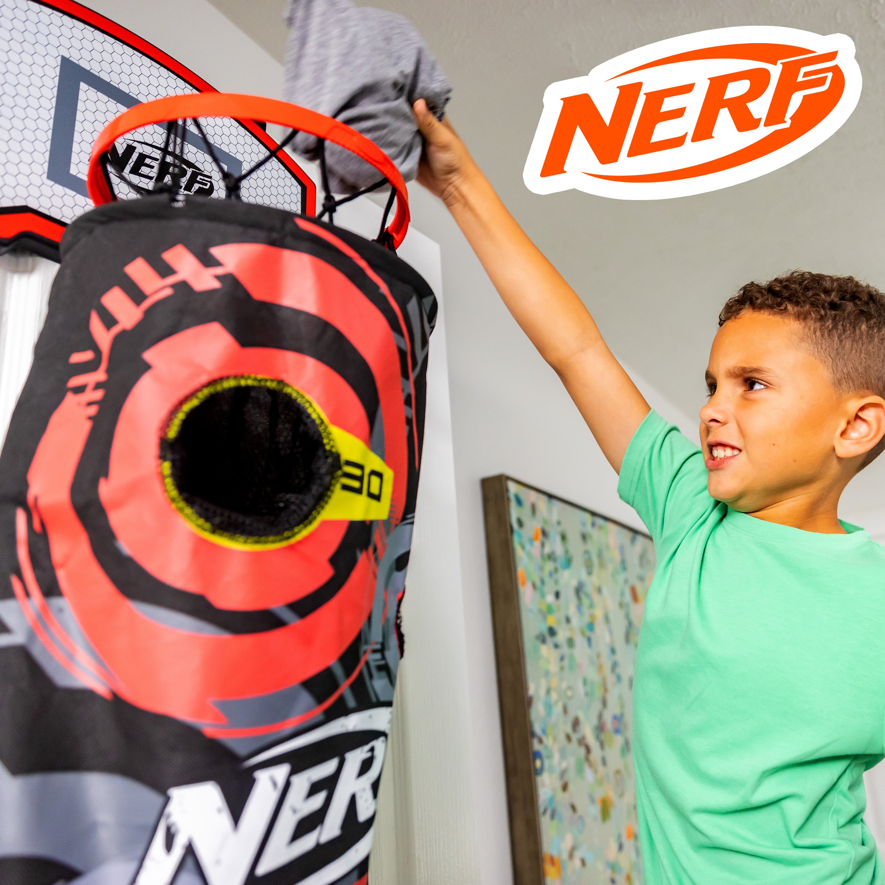 NERF Basketball Hoop Hamper - Laundry Layup Over the Door Basket + Shooting Target - Mini Hoop Hamper + Basketball Set
