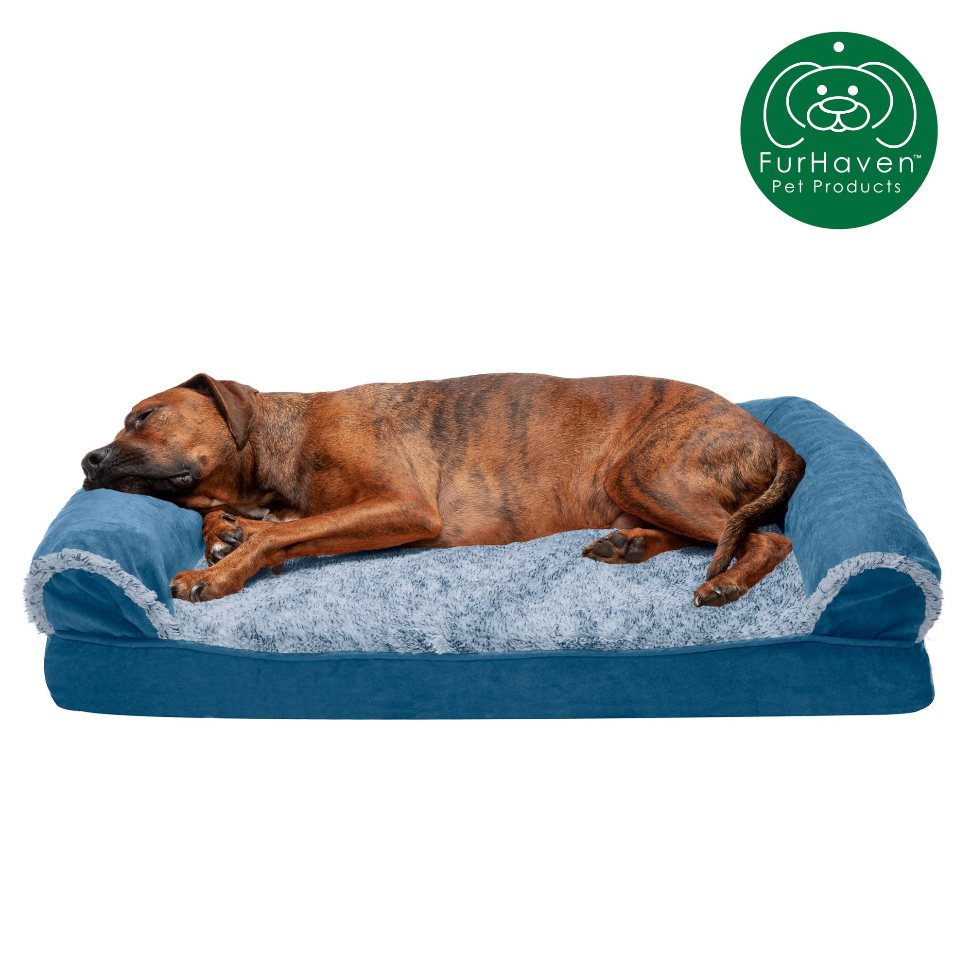 FurHaven Pet Products | Cooling Gel Memory Foam Orthopedic Two-Tone Faux Fur and Suede Sofa-Style Couch Pet Bed for Dogs and Cats， Marine Blue， Large