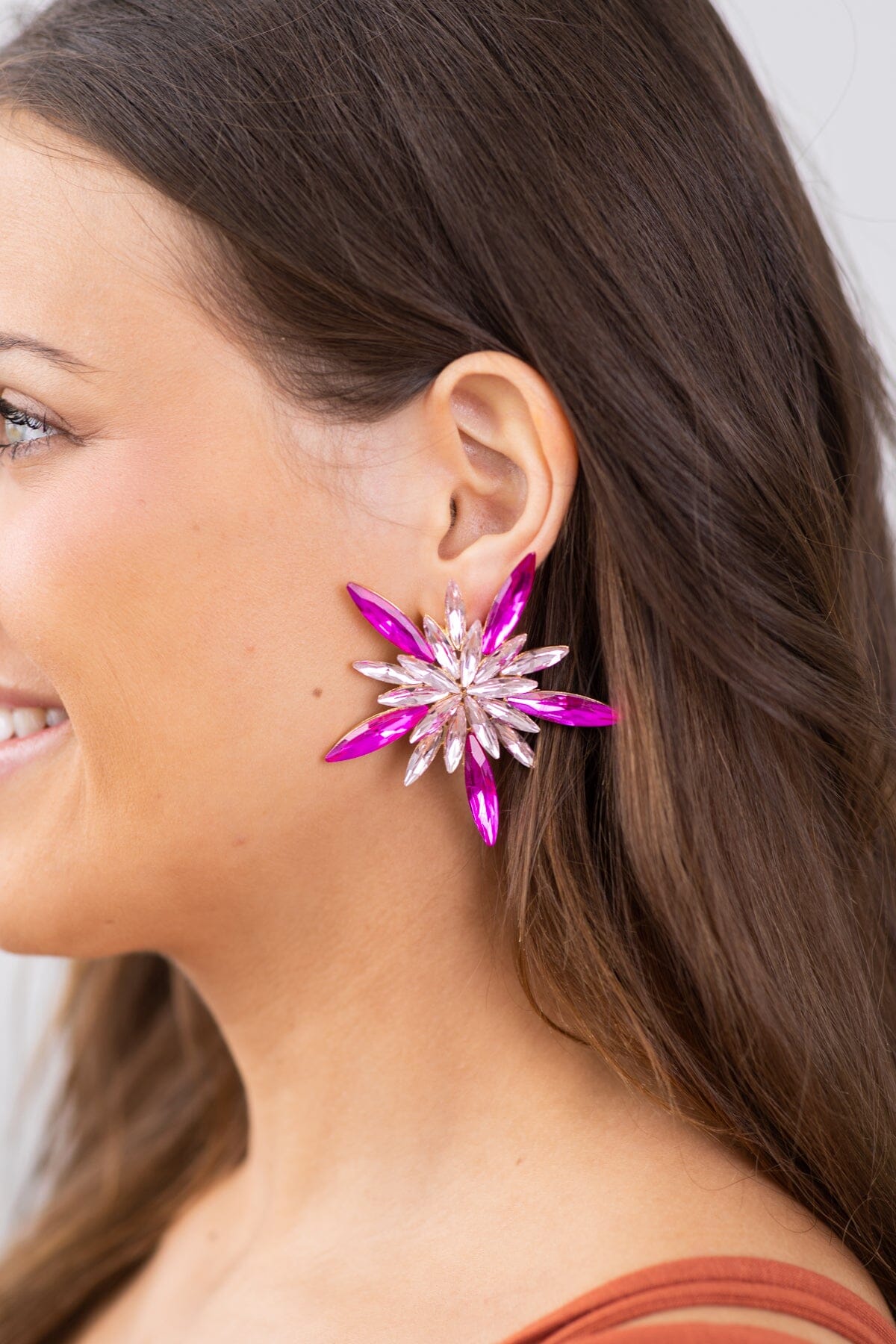 Fuchsia Rhinestone Starburst Earrings