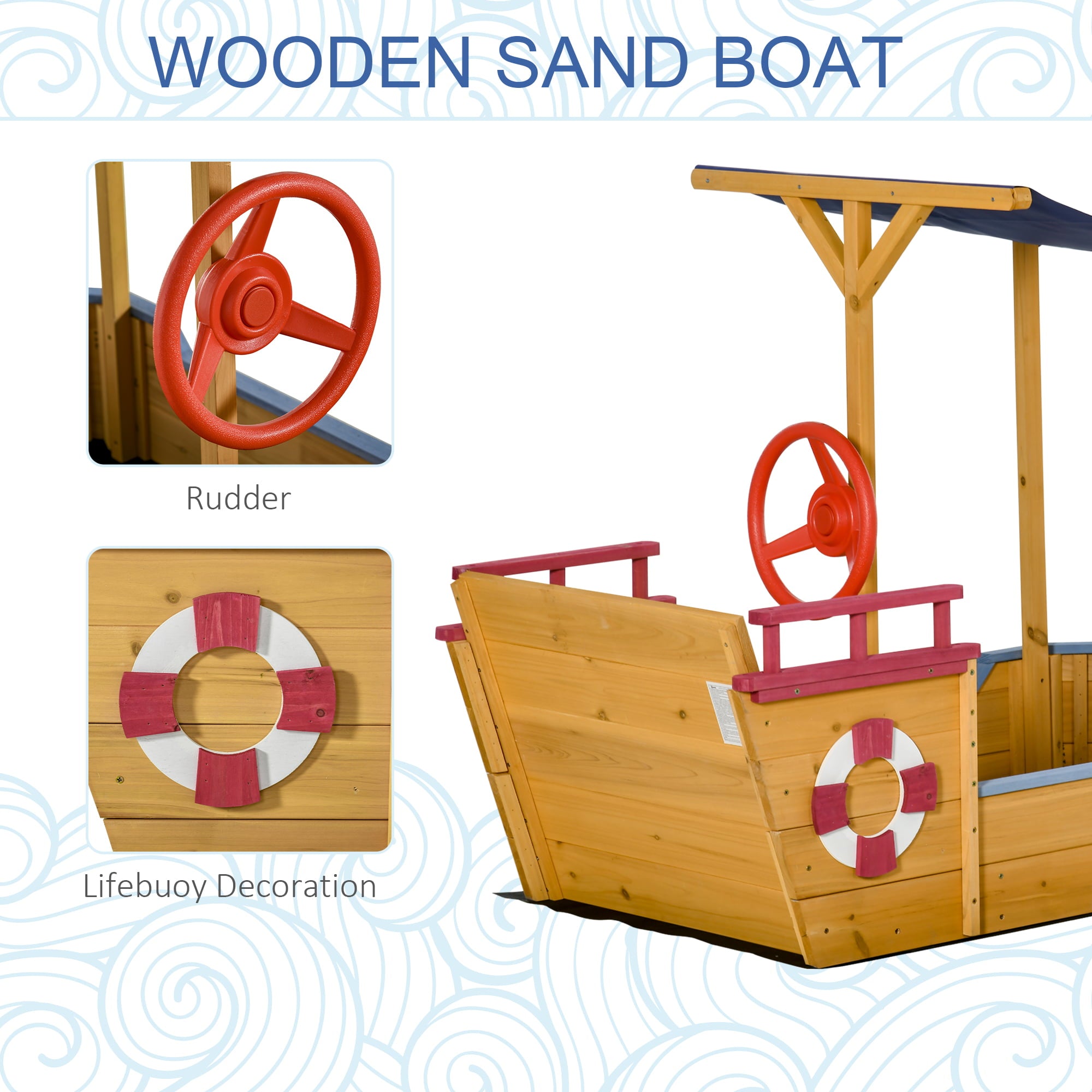 Outsunny Kids Wooden Sandbox Play Station， Covered Children Sand boat Outdoor， for Backyard， w/ Canopy Shade， Storage Bench， Bottom Liner， Aged 3-8 Years Old， Orange