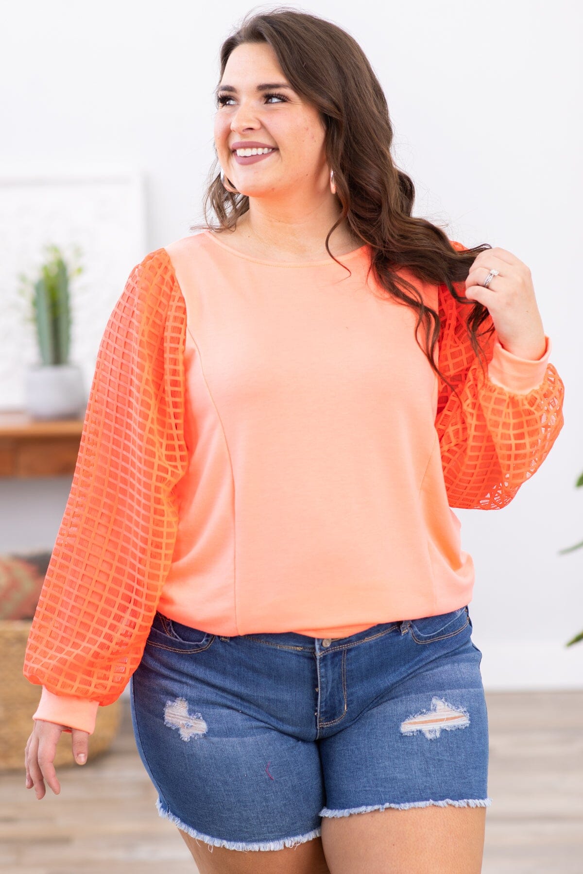Neon Coral Textured Ballon Sleeve Top