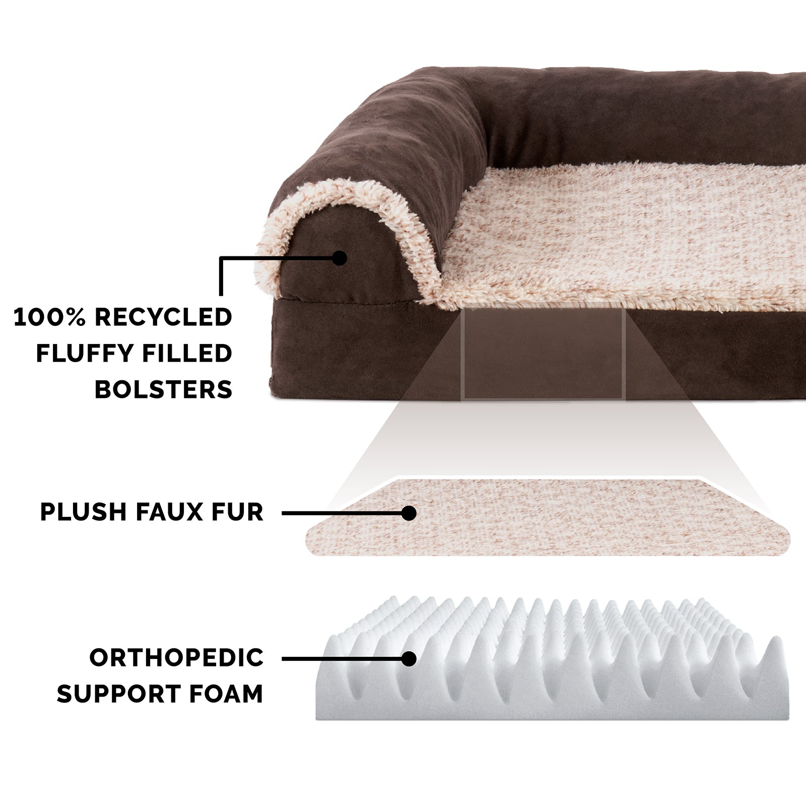 FurHaven | Deluxe Orthopedic Faux Fur and Suede L-Chaise Lounge Pet Bed for Dogs and Cats， Espresso， Large