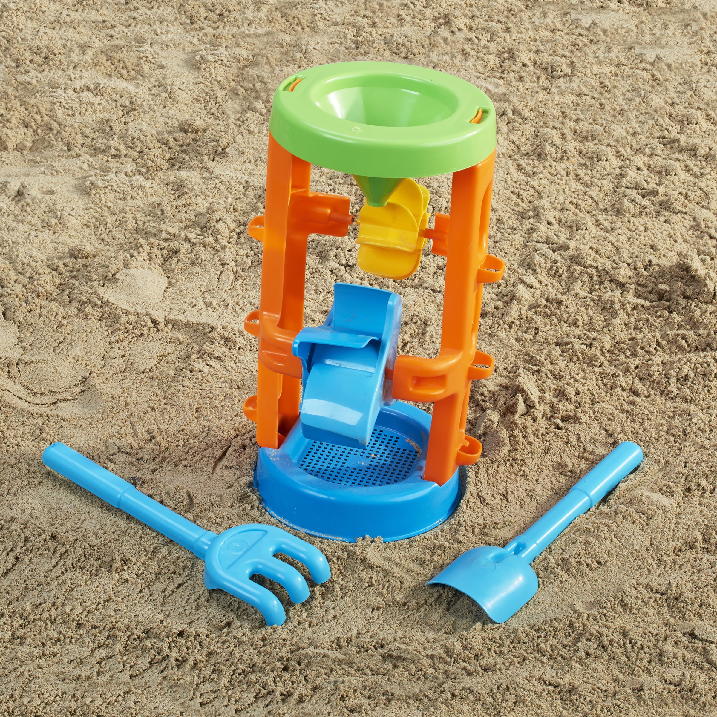 Play Day Kids’ Sand & Water Wheel Tower with Shovel & Rake – Beach Sand Water Toy