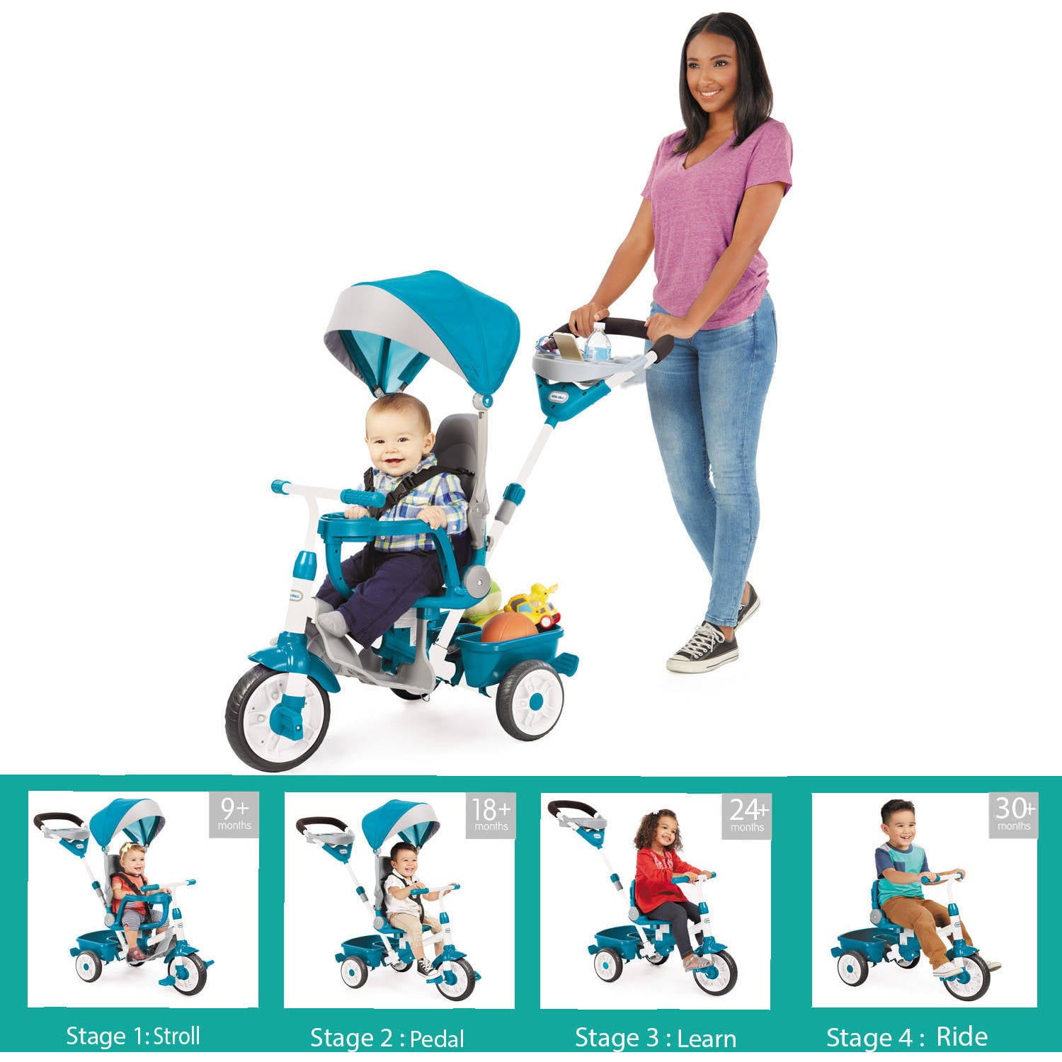 Little Tikes Perfect Fit 4-in-1 Trike in Teal， Convertible Tricycle for Toddlers， 4 Stages of Growth and Shade Canopy - Kids Boys Girls Ages 9 Months to 3 Years Old