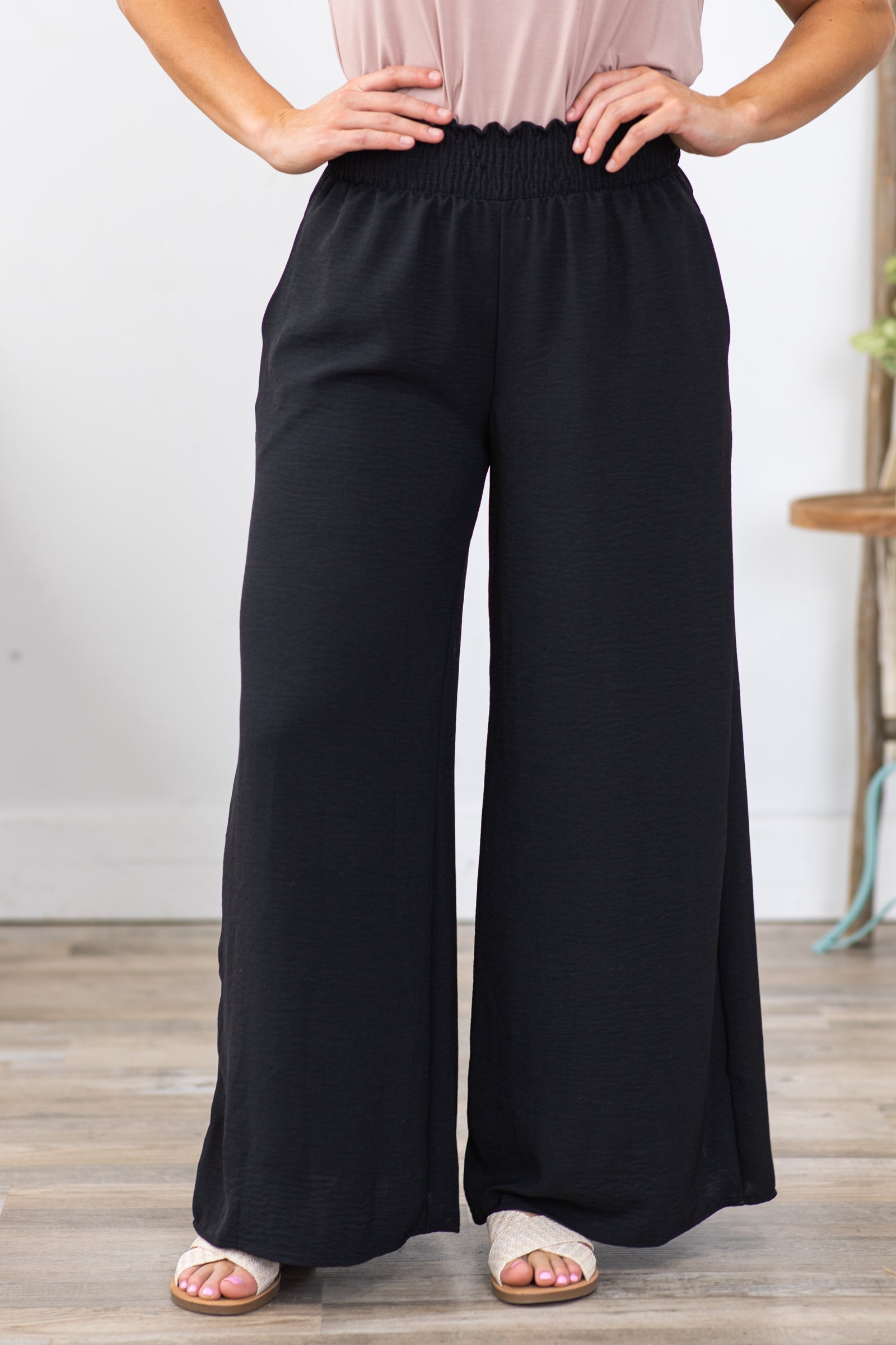 Black Smocked Waist Woven Air Flow Pants