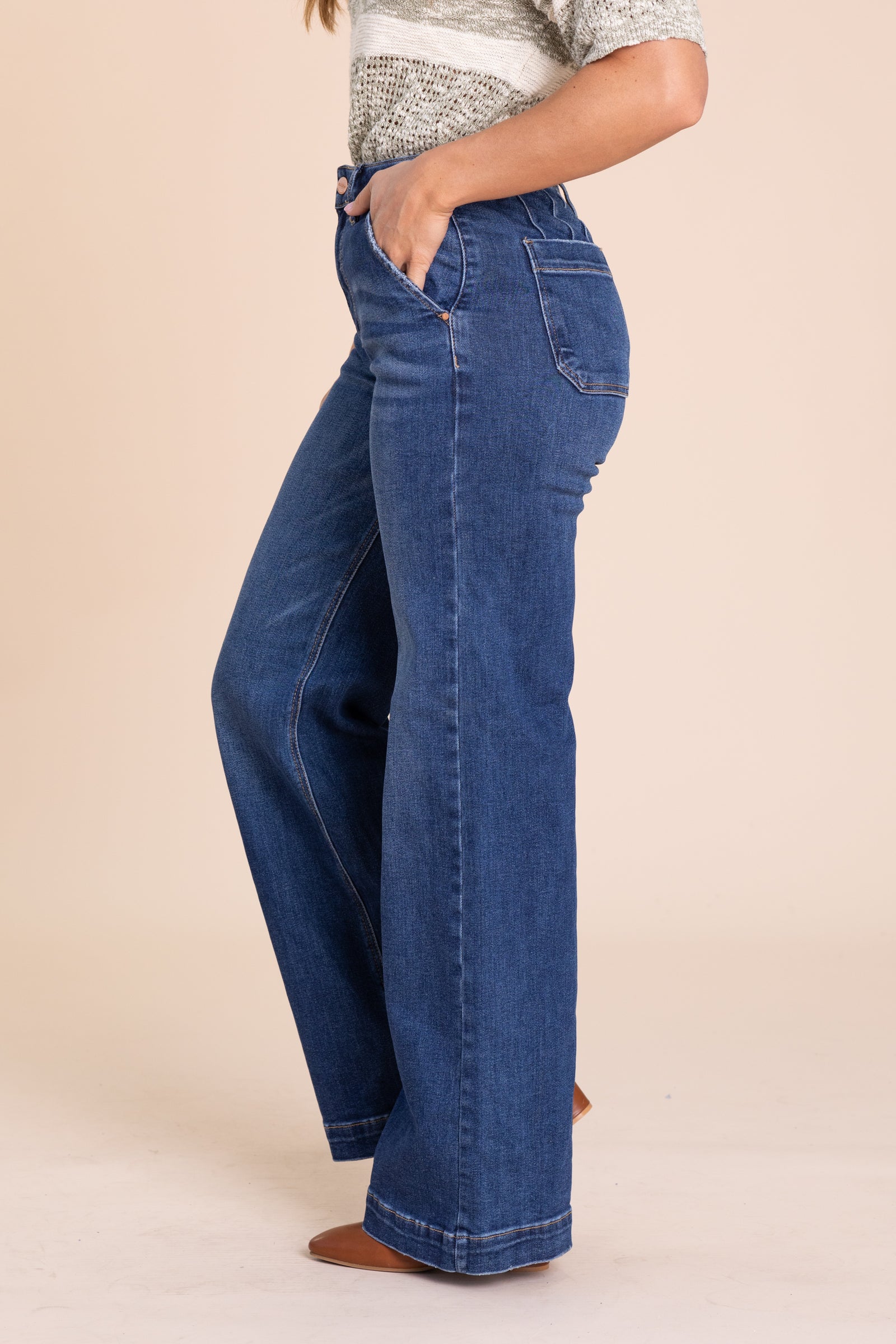 Risen Dark Wide Leg Slanted Pocket Jeans