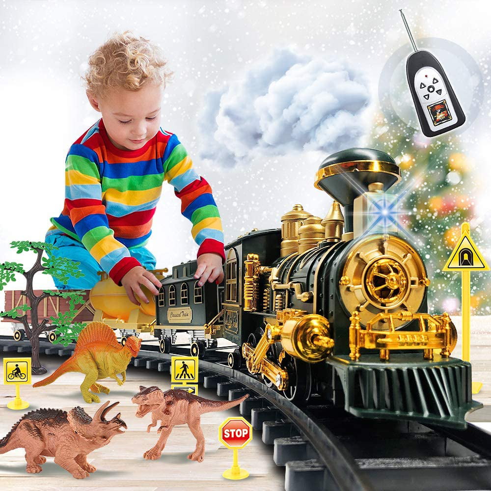 Models Train Set Toy， Large Size Dinosaurs Electric Train Toy with Remote， Lights， Dinosaurs， Steam