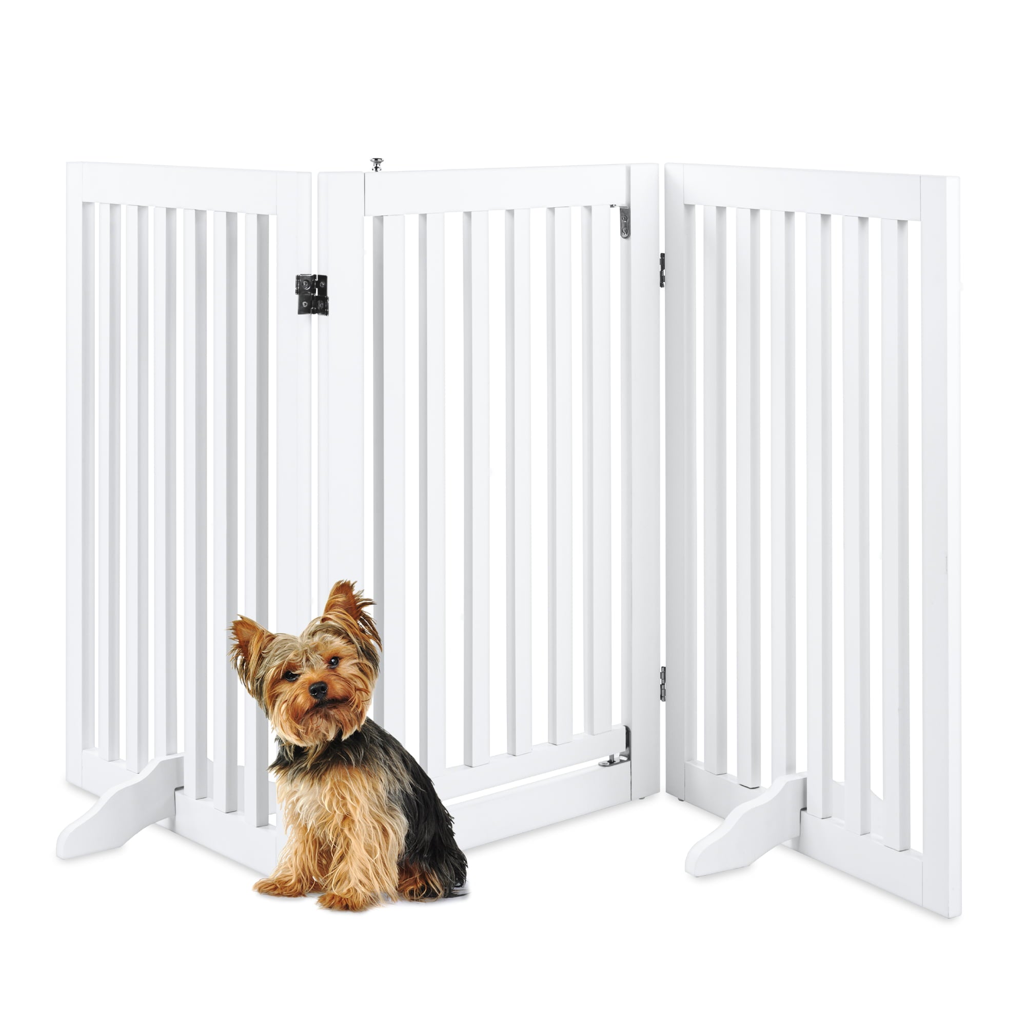 Best Choice Products 31.5in 3-Panel Freestanding Wooden Pet Gate w/ Walk Through Door， Adjustable Pen - White