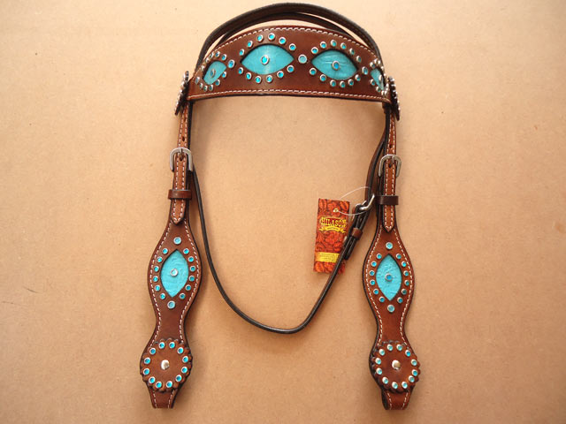 29BH Hilason Western Leather Horse Headstall Turquoise Crocodile Brown