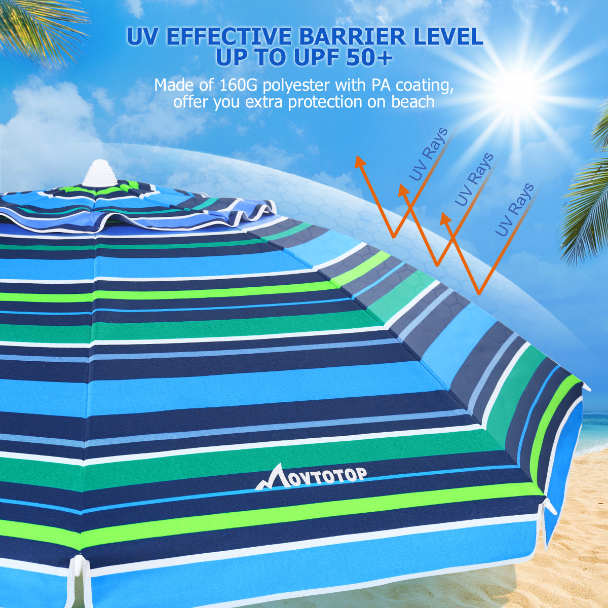 MOVTOTOP 6.5ft Beach Umbrella Striped Sun Shelter UV for Beach Travel