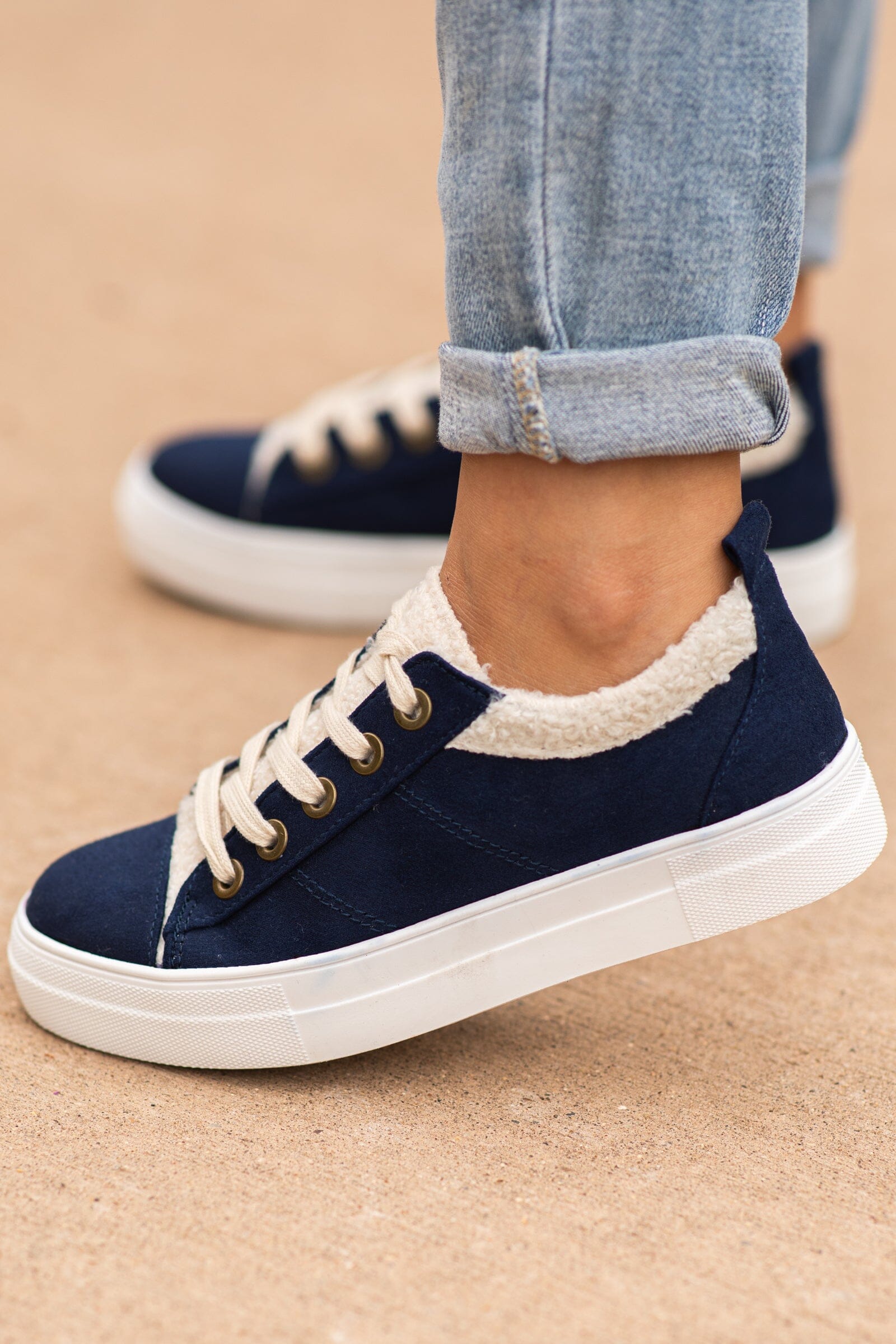 Navy and Beige Lace Up Sneakers