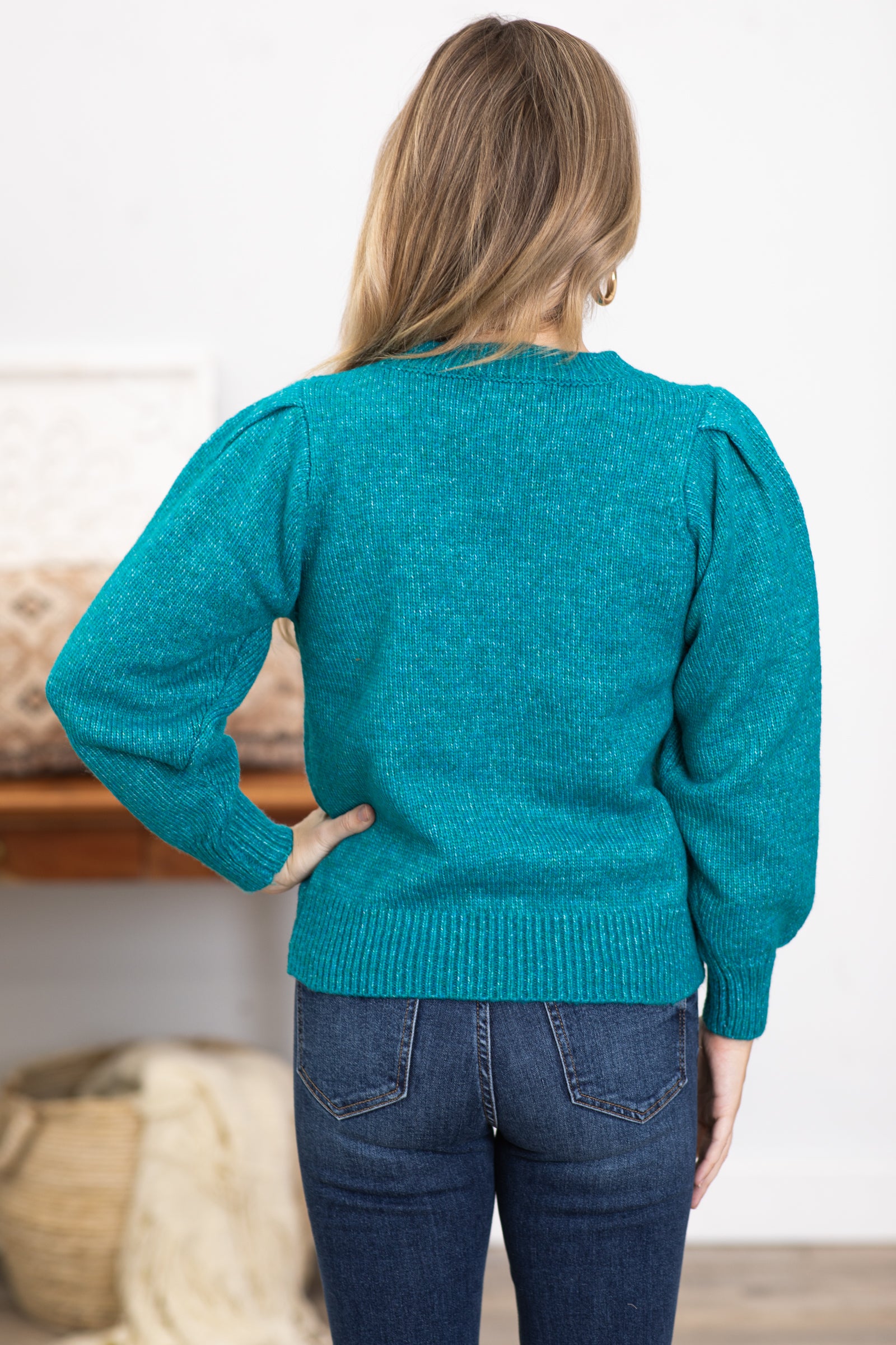 Teal Melange Puff Sleeve Sweater