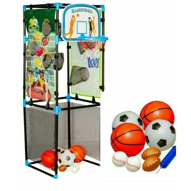 Kids Basketball Game Set - Portable Hoop Game Toy with Ball and Pump-Indoor and Outdoor Sports Arcade - Soccer Football Baseball Great Baseball Gift (4 in 1 Basketball， Football， Baseball and Soccer)