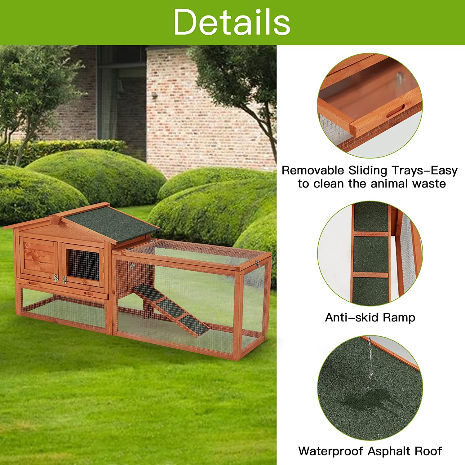 Wooden Rabbit Hutch， 2-Tiyer Indoor Outdoor Pet House with Pull Out Tray， Bunny Cage with Ramp and Waterproof Roof， Grey