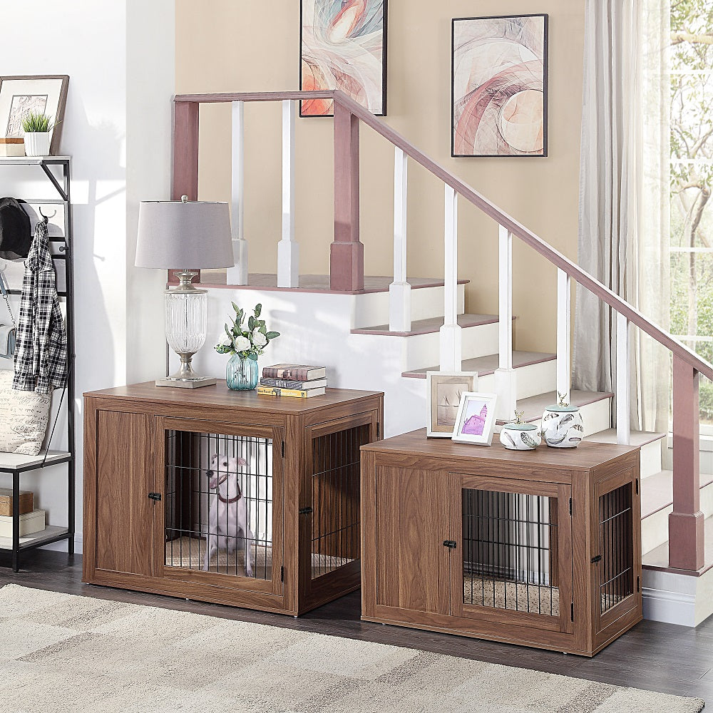 Unipaws Dog Crate End Table with Cushion， Wooden Wire Pet Kennels with Double Doors