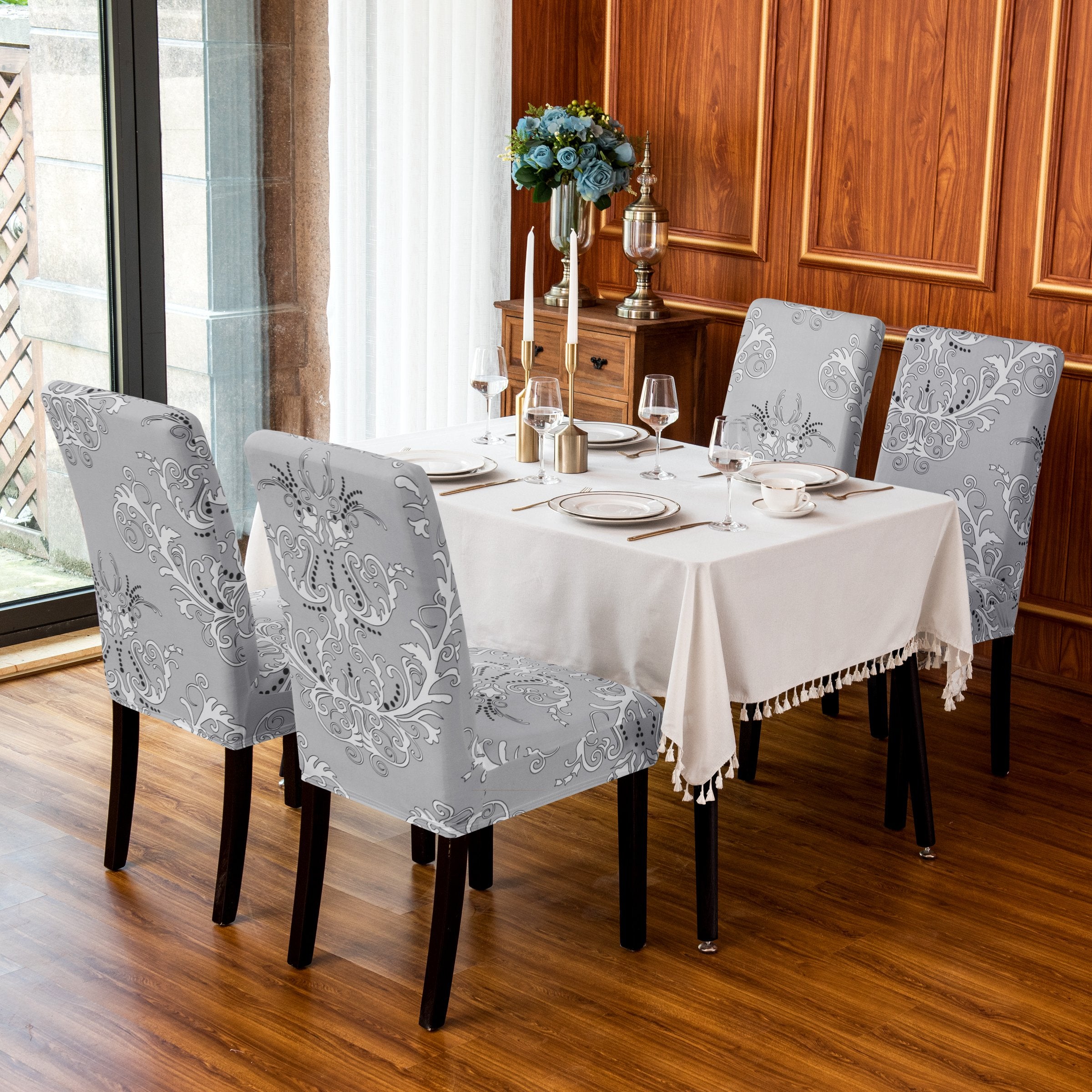 Subrtex Stretch Dining Chair Covers with Elastic Bottom, Printed&nbsp;Floral Stylish Furniture Protector (Set of 4, Gray)