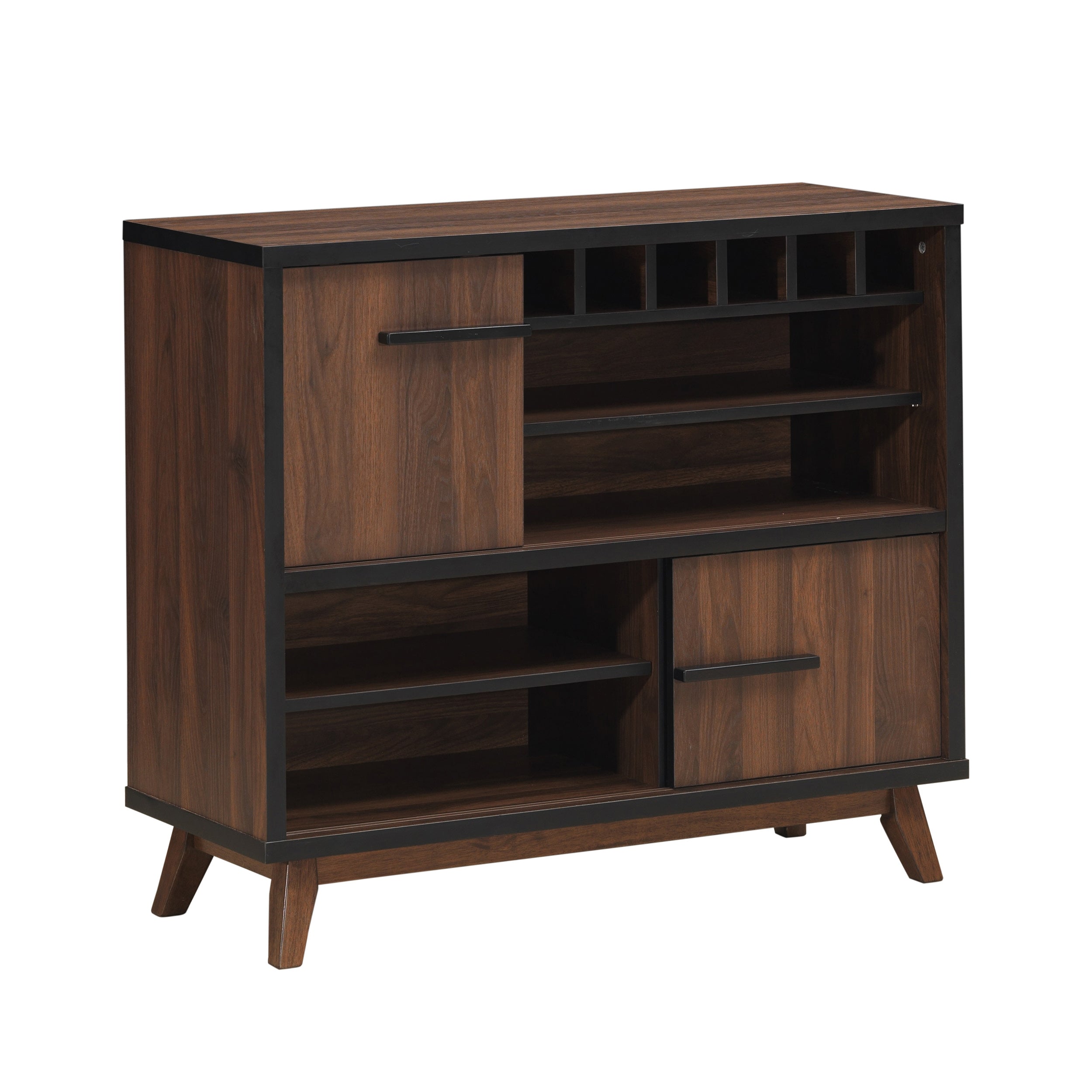 Rowell Modern Industrial Wooden 6 Bottle Wine Cabinet, Walnut, Black, and Dark Brown