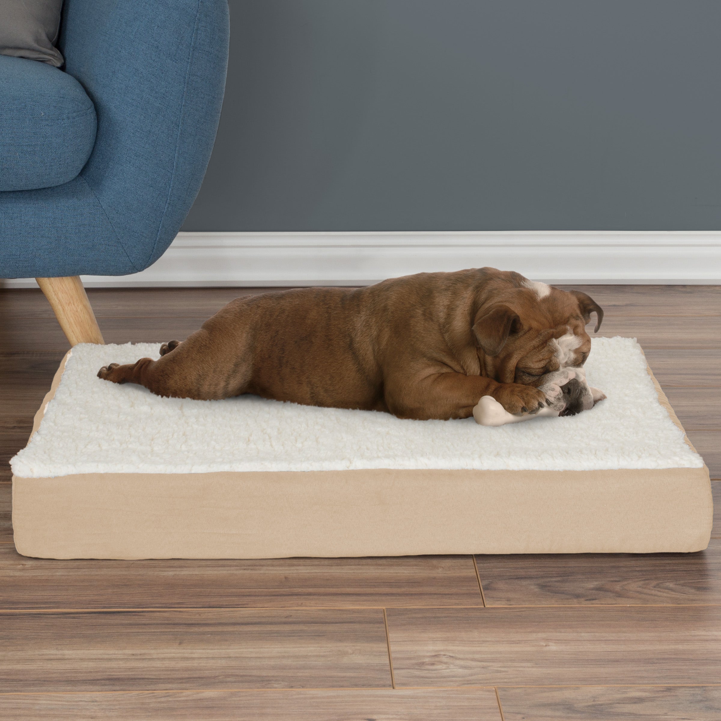 Orthopedic Dog Bed - 2-Layer Memory Foam Crate Mat with Machine Washable Sherpa Cover - 30x20.5 Pet Bed for Medium Dogs Up to 45lbs by PETMAKER (Tan)