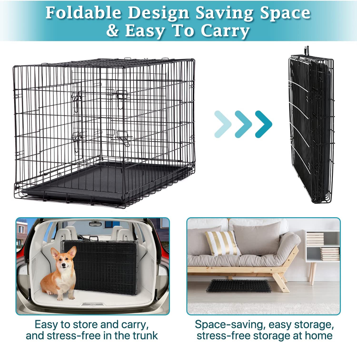 Dkelincs 42 inch Heavy Duty Dog Cage Foldable Dog Crate w/2 DoorsandDivider XL Dog Kennel w/Handle for Medium Puppy