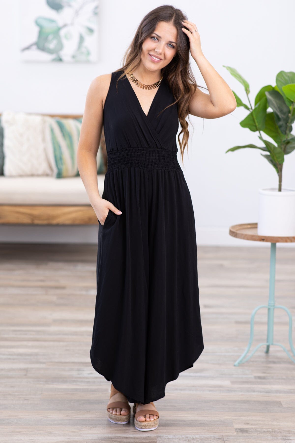 Black Surplice Front Smocked Waist Jumpsuit