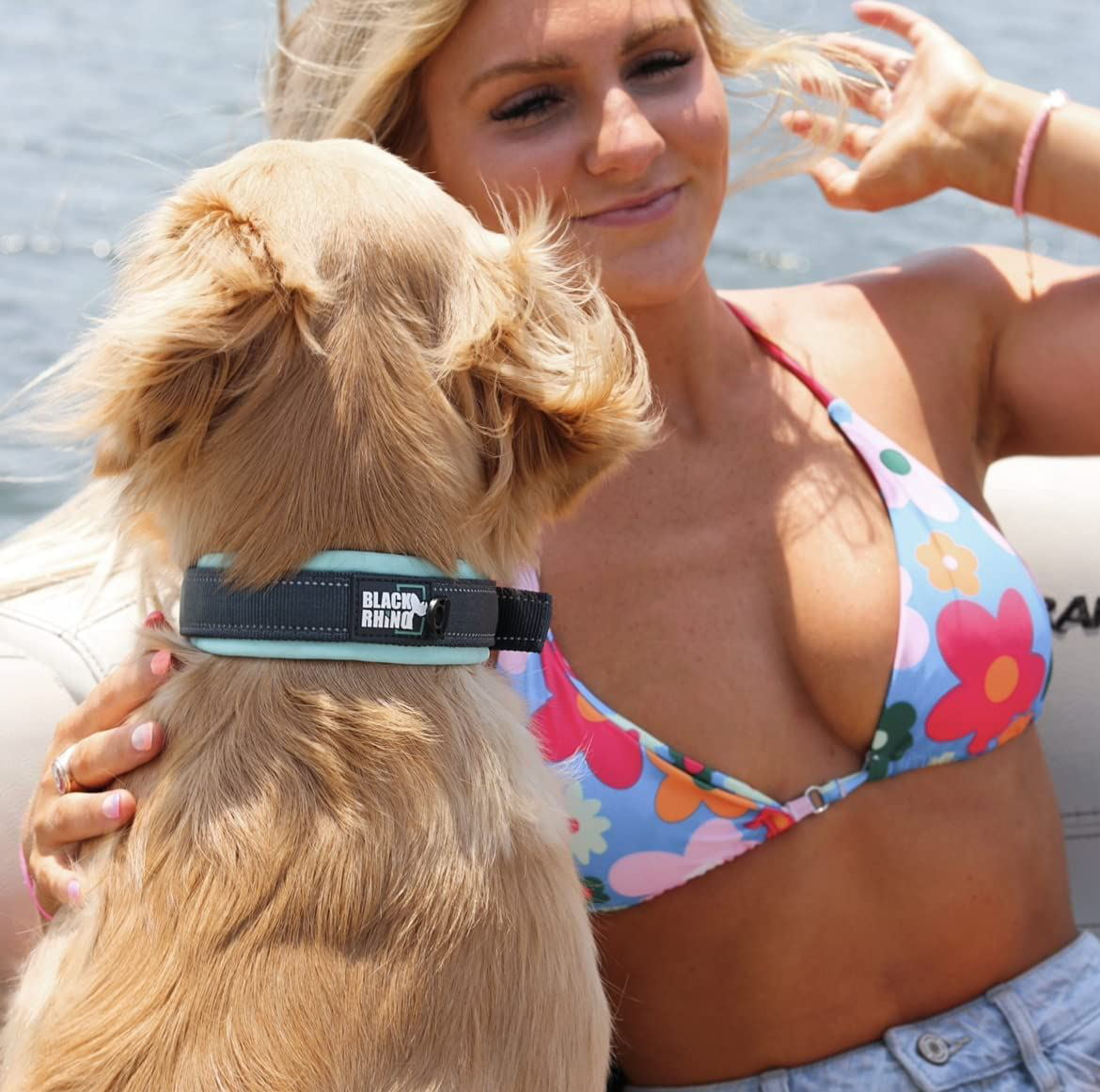 Black Rhino - The Comfort Collar Ultra Soft Neoprene Padded Dog Collar for All Breeds - Heavy Duty Adjustable Reflective Weatherproof (Large， Aqua/Grey)