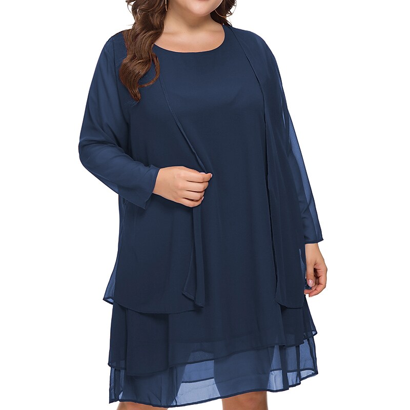 Women's Plus Size Casual Dress Solid Color Crew Neck Mesh Long Sleeve Dress