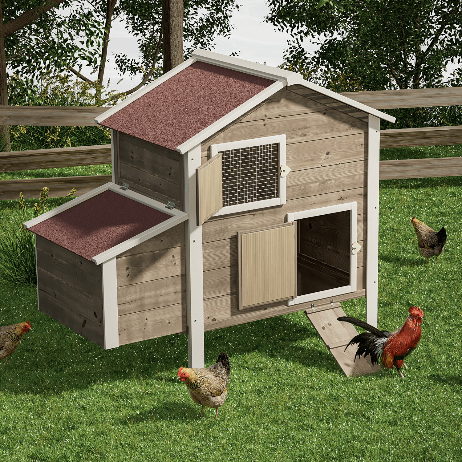 MoNiBloom Outdoor Chicken Coop with Nesting Box， Outdoor Hen House with Slide-Out Tray， Weatherproof Poultry Cage， Rabbit Hutch， Wood Duck House (Natural)