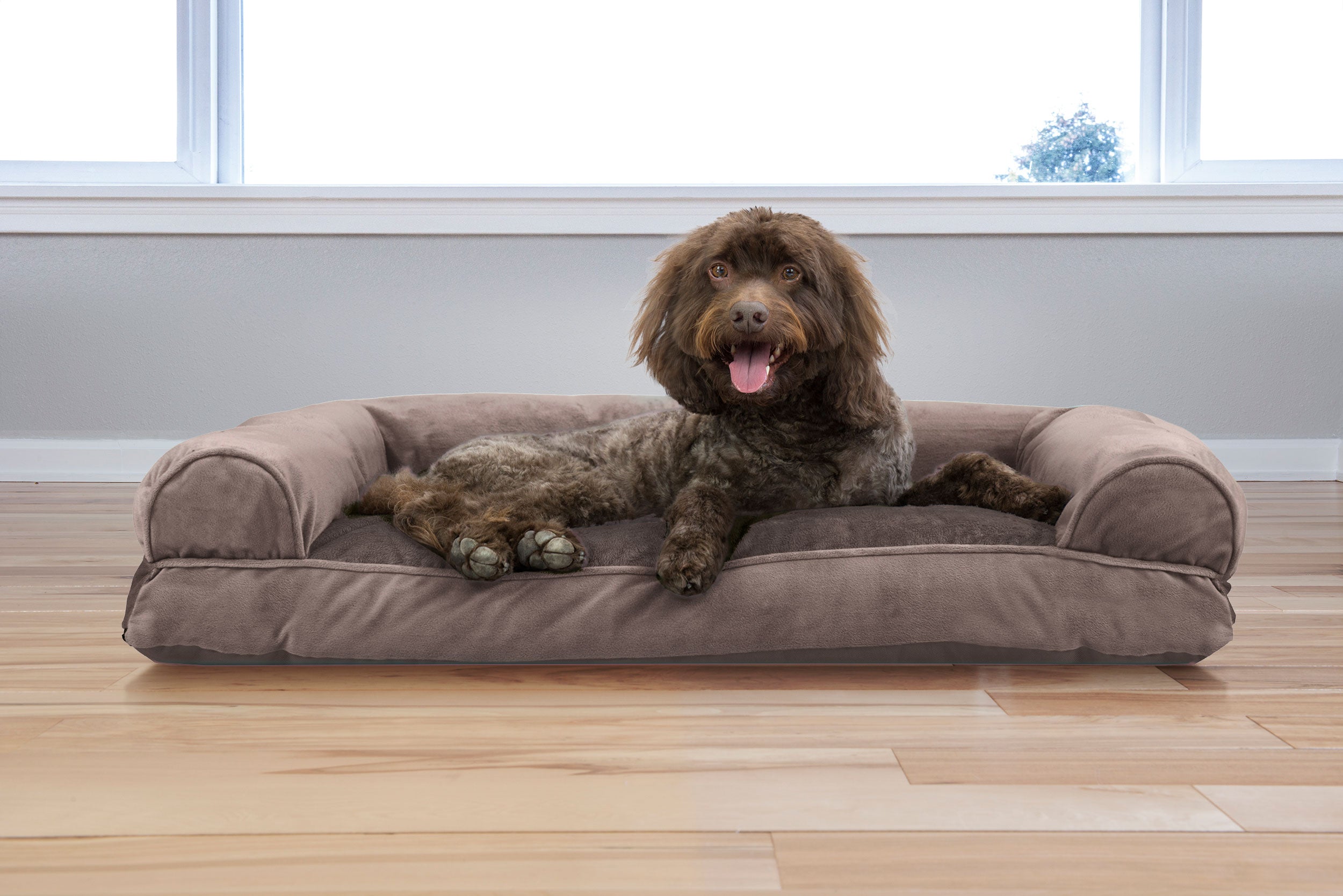 Furhaven Pet Products | Faux Fur and Velvet Pillow Sofa Pet Bed for Dogs and Cats， Driftwood Brown， Large