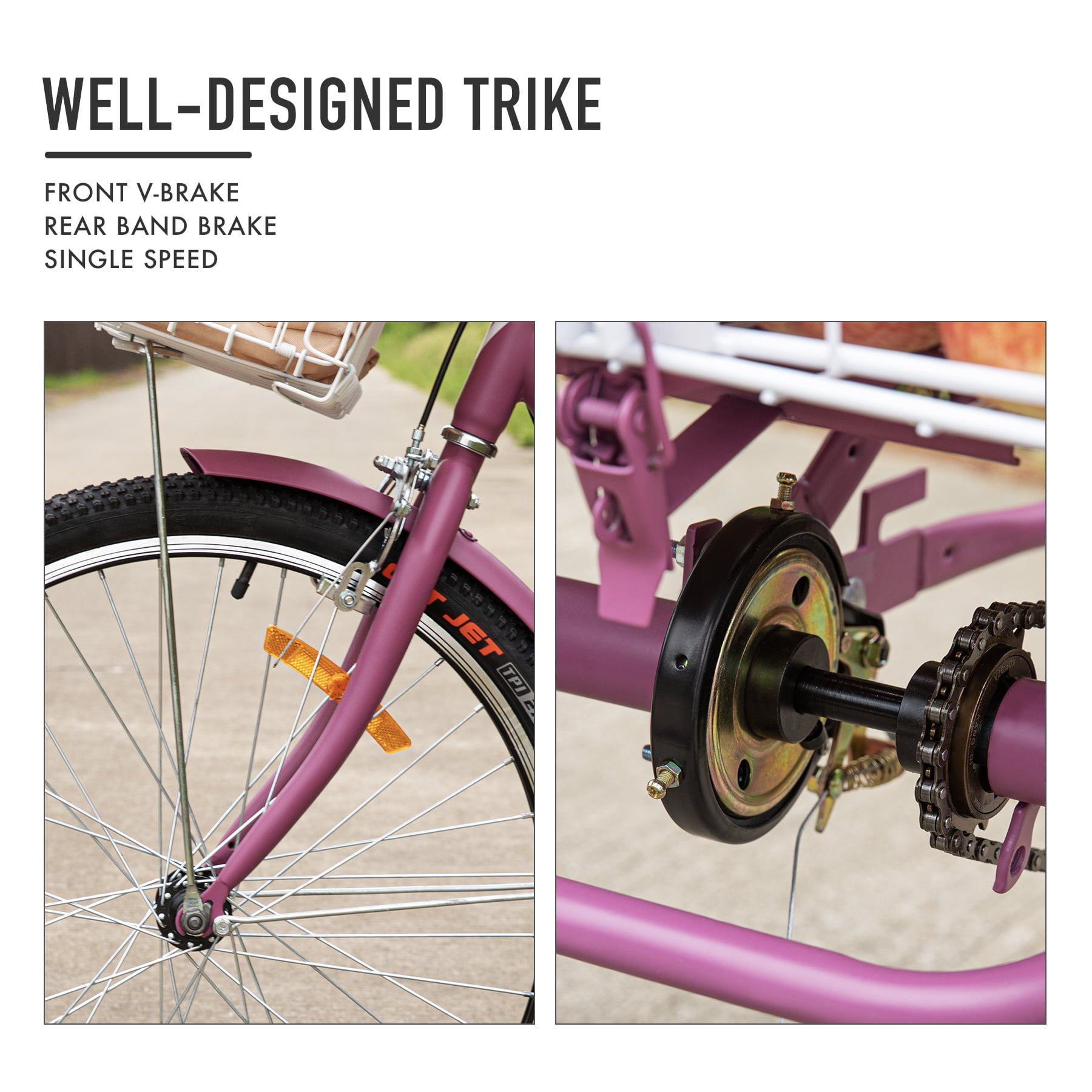 Viribus 26 Inch Single Speed Adult Tricycle，3 Wheel Cruiser Bike with Removable Wheeled Basket， Dustproof Bag， Lights and Bell for Cycling Shopping， Picnic， Hybrid Beach Trike for Men and Women， Purple