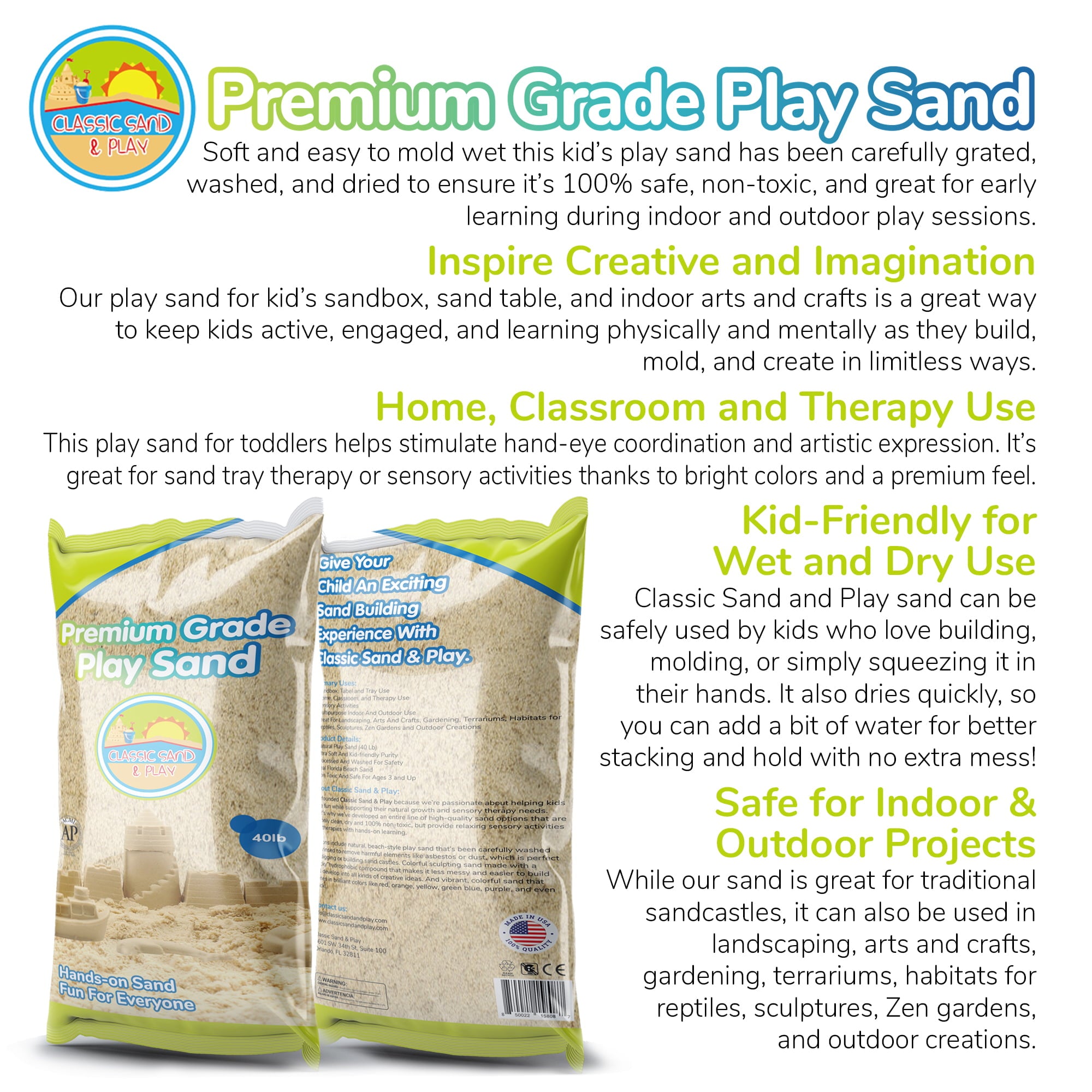 Classic Sand and Play Sand for Sandbox， Table， Therapy and Outdoor Use - 40 lbs